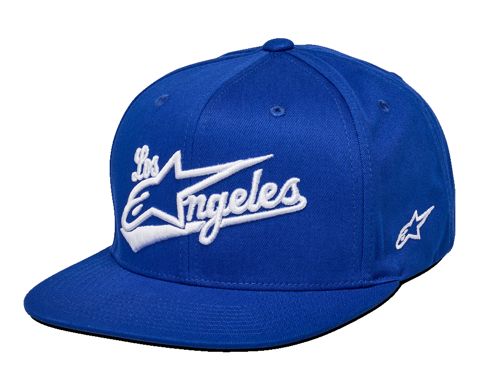 Alpinestars Los Angeles Hat, boné snapback azul, logótipo Los Angeles bordado a 3D em branco com fonte atlética, aba reta, coroa estruturada, acessório de cabeça casual inspirado no desporto motorizado