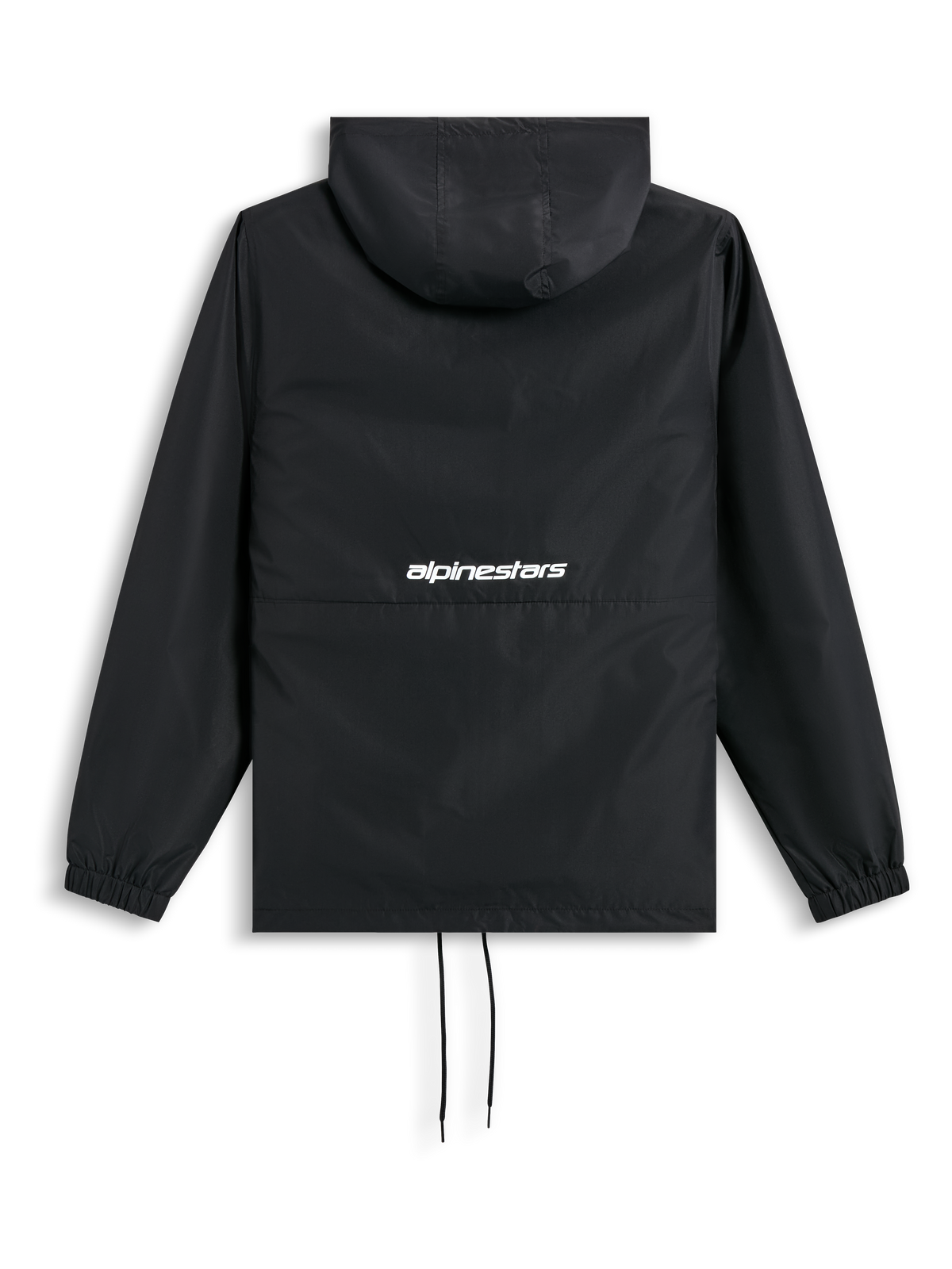 Alpinestars Speeder Chromium Windbreak Jacket, corta-vento preto, vista traseira com capuz, punhos elásticos, bainha com cordão e logótipo da marca branco nas costas, casual sportswear