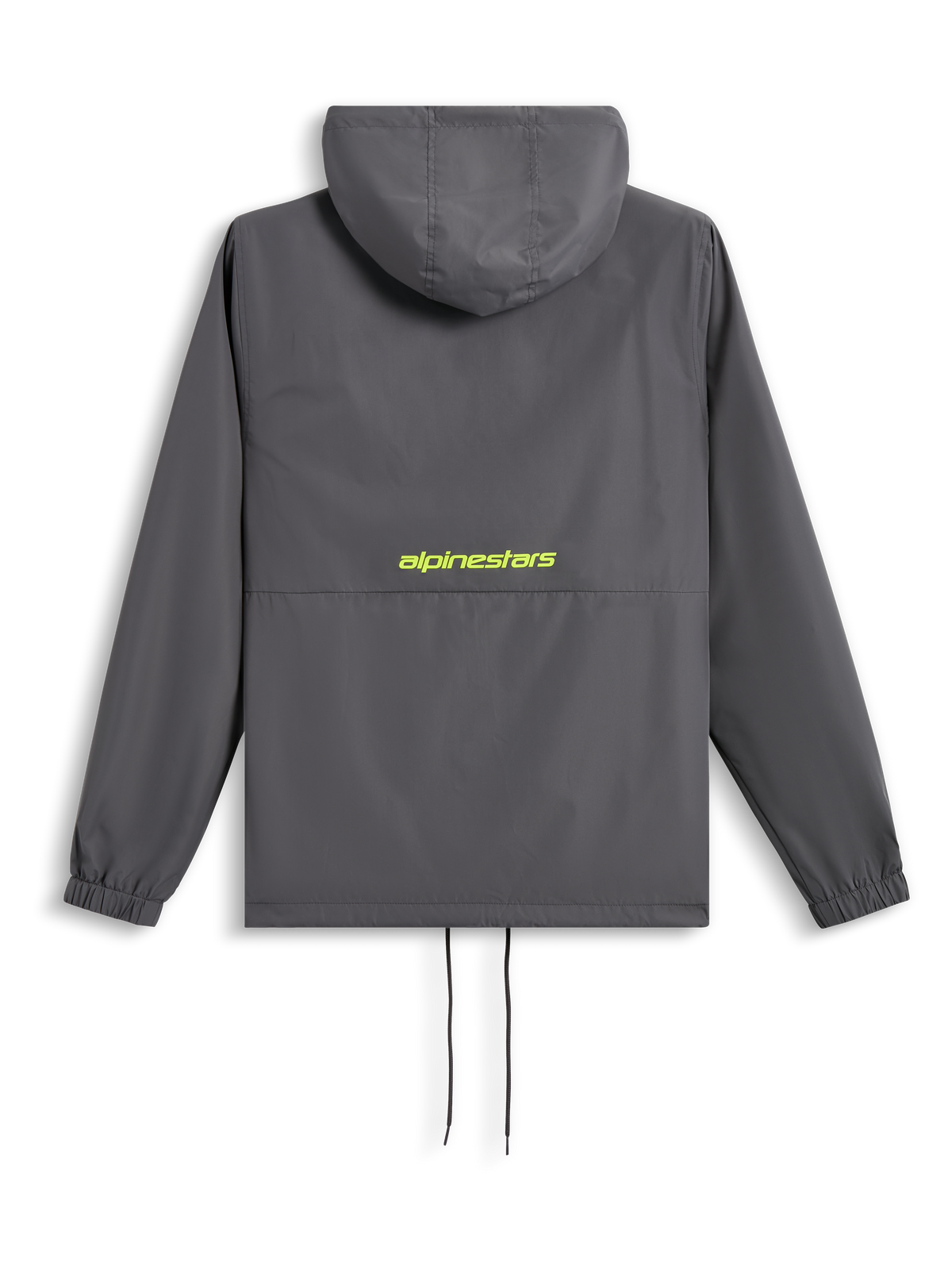 Alpinestars Speeder Chromium Windbreak Jacket, rear view, Charcoal grey with Hi-Vis yellow logo across the back, hooded windbreaker with elasticated cuffs and drawstring hem, casual motorsport-inspired streetwear