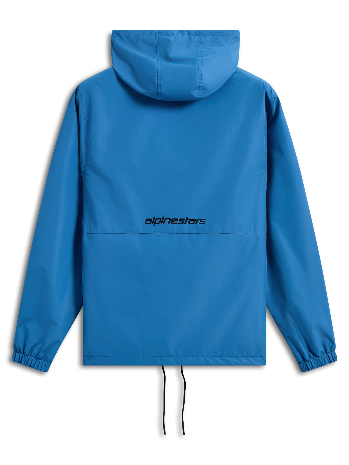Casaco Corta-Vento Alpinestars Speeder Chromium, azul vibrante, vista traseira com logótipo Alpinestars a preto, corta-vento leve com capuz, punhos elásticos, bainha ajustável com cordões, vestuário casual inspirado no desporto motorizado