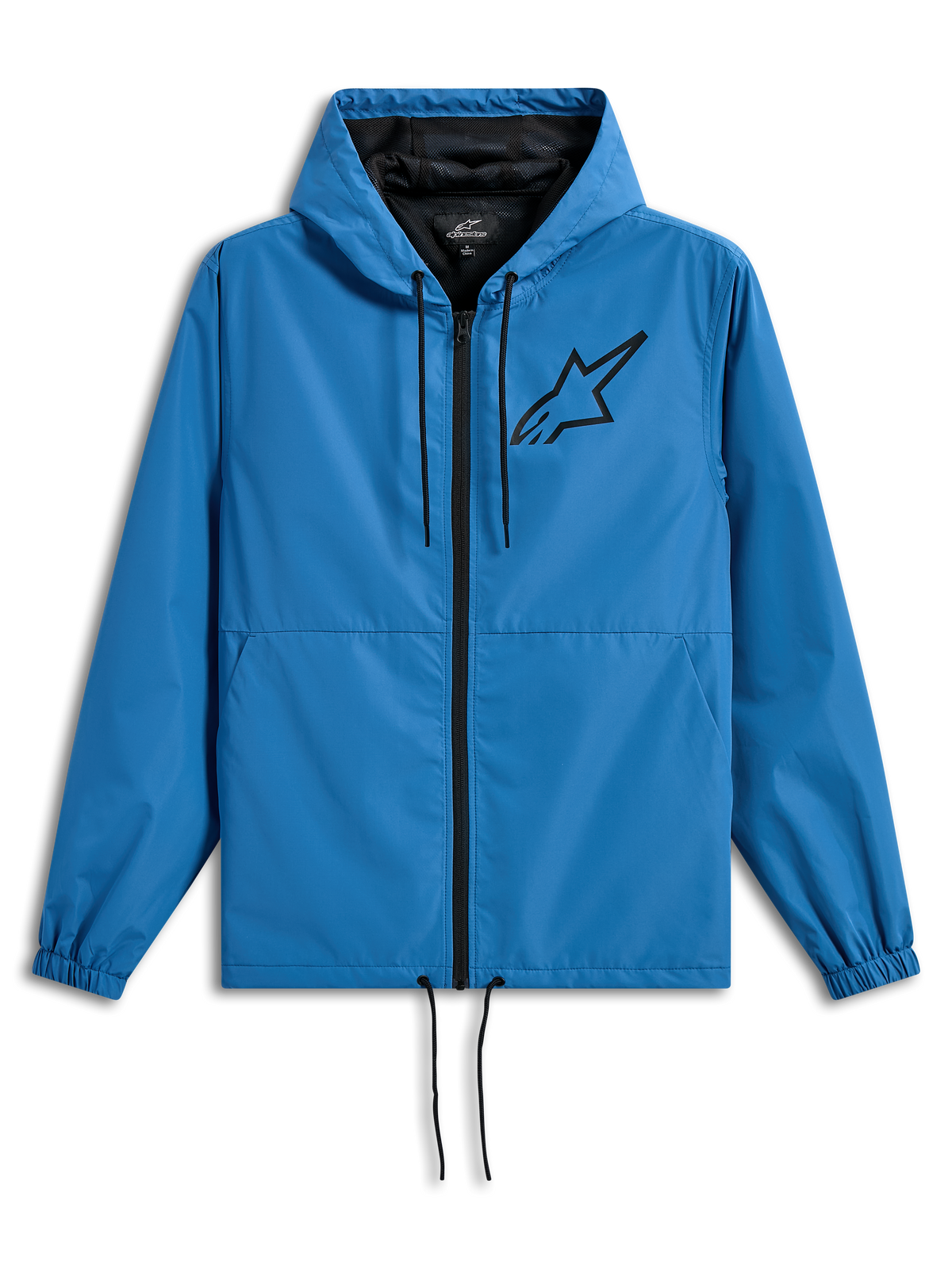 Alpinestars Speeder Chromium Windbreak Jacket, casaco corta-vento leve com capuz, azul com detalhes pretos, logótipo Astars preto no peito, forro em malha, fecho de correr frontal e cordões ajustáveis no capuz e na bainha