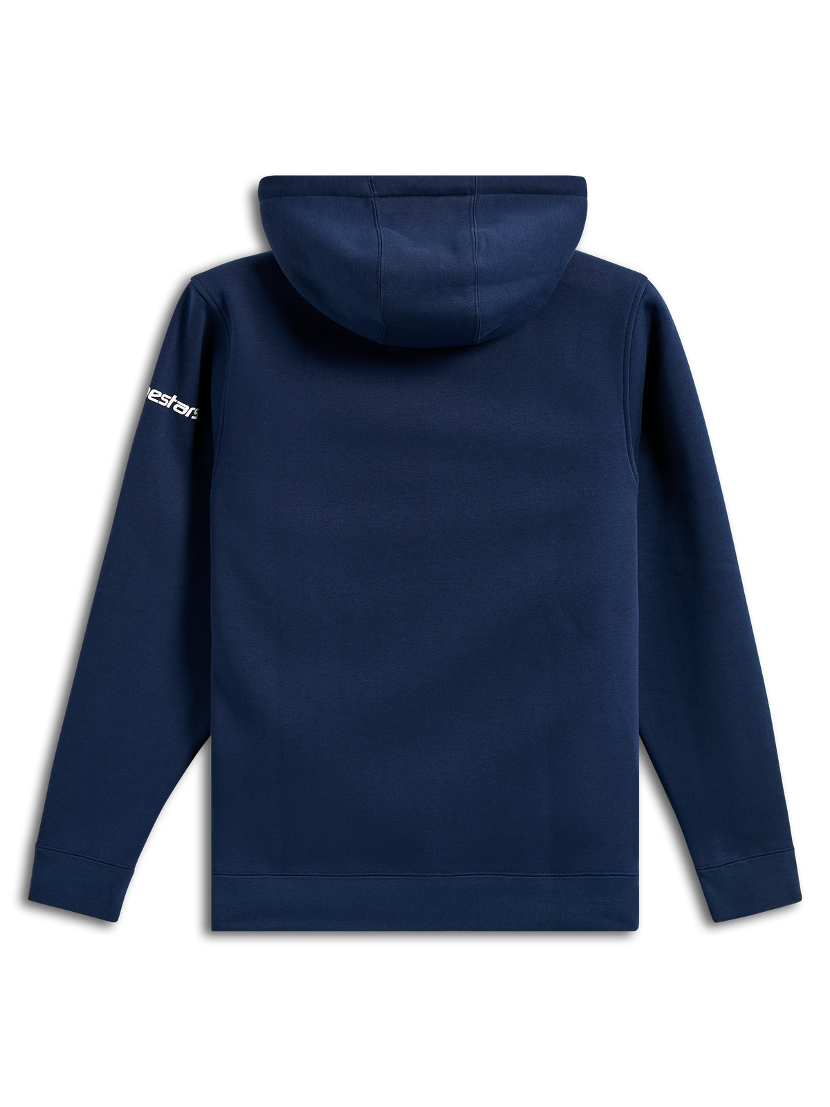 Alpinestars Frontal Hoodie, pullover casual de lã polar azul marinho, vista traseira, logótipo Alpinestars branco na manga, punhos e bainha canelados, streetwear inspirado no desporto motorizado