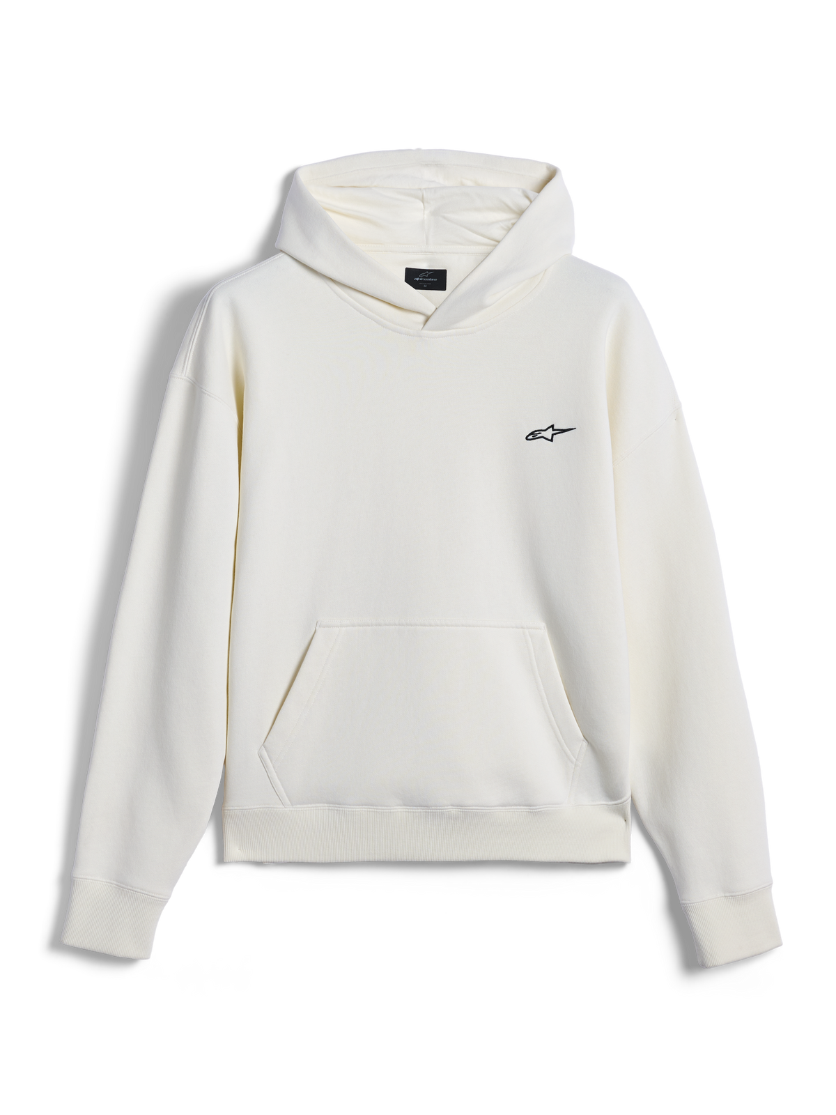 Alpinestars Essentials Ageless Hoodie, streetwear casual, off-white com pequeno logótipo Astar preto no peito, bolso canguru, mangas compridas, design minimalista inspirado no desporto motorizado