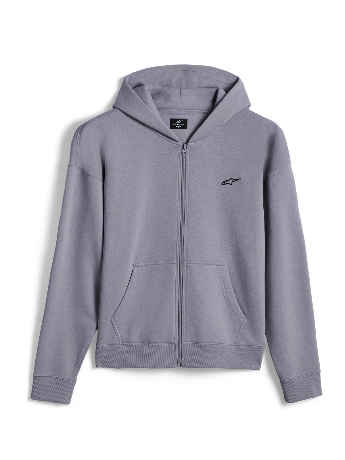 Alpinestars Essentials Ageless Zip Hoodie, streetwear casual, prateado, pequeno logótipo Alpinestars preto no peito, fecho frontal completo com bolsos canguru, punhos e bainha canelados, design minimalista inspirado no desporto motorizado