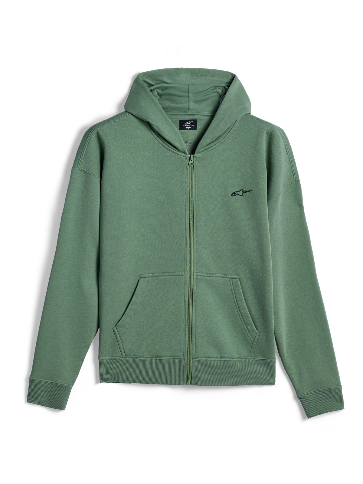 Alpinestars Essentials Ageless Zip Hoodie, streetwear casual, Verde Cactus com pequeno logótipo Alpinestars preto, fecho frontal completo, sweatshirt com capuz e bolsos tipo canguru divididos, punhos e bainha canelados, design inspirado no desporto motorizado