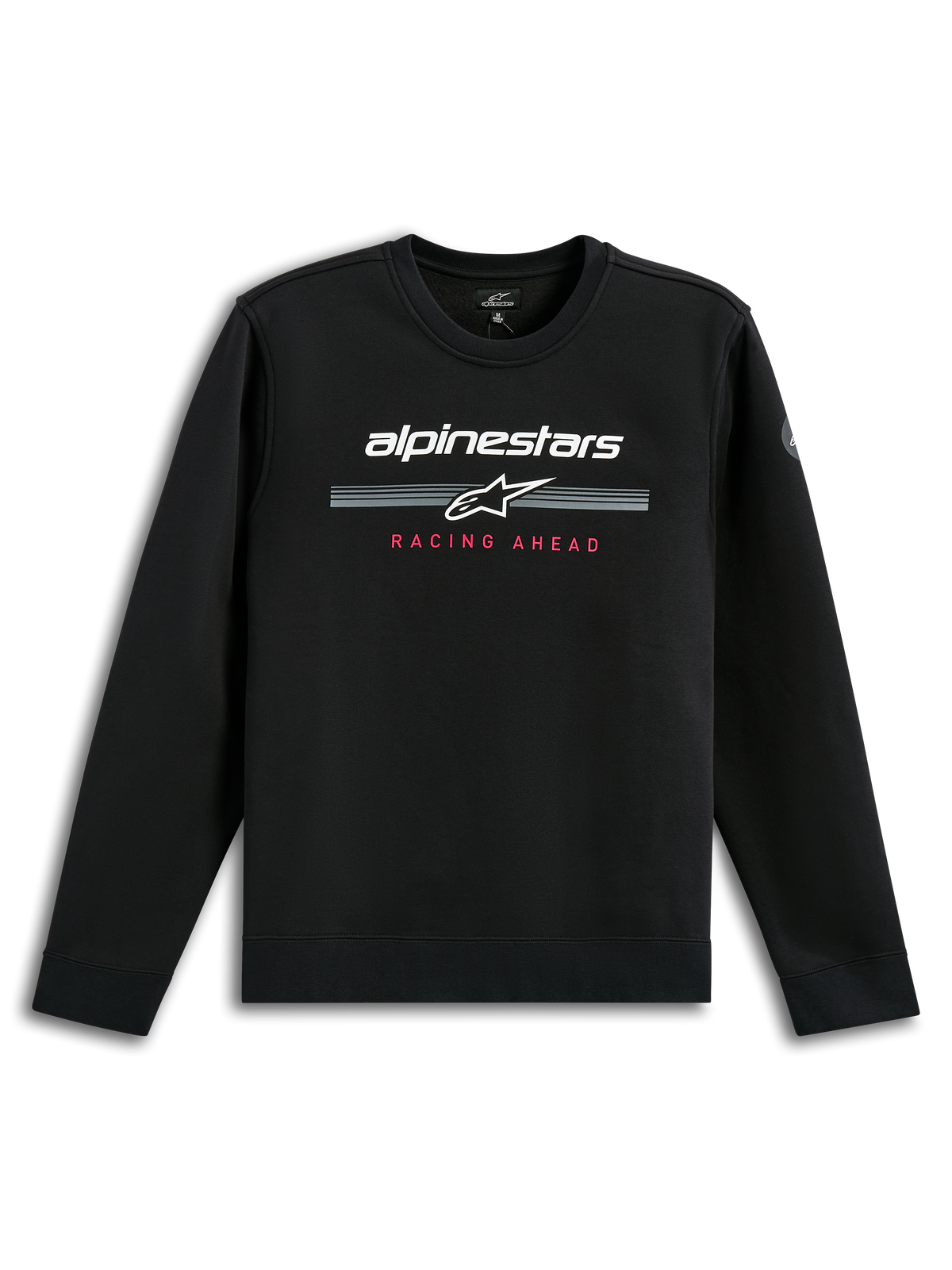 Alpinestars Bettern Crew, sweatshirt de gola redonda preta, logótipo Alpinestars branco com riscas de corrida cinzentas, texto 'Racing Ahead' a vermelho, streetwear casual de desportos motorizados