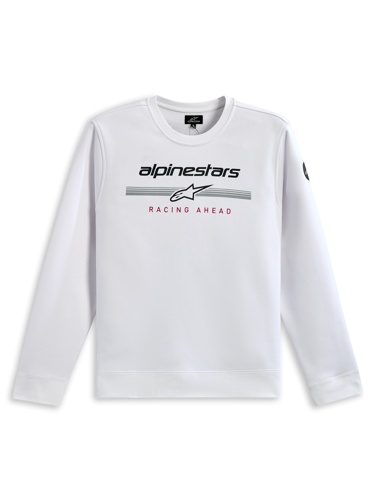 Alpinestars Bettern Crew Sweatshirt, branca, com logótipo Alpinestars a preto, riscas cinzentas e logótipo de estrela branco, impressão 'RACING AHEAD' a vermelho, streetwear casual de inspiração motorsport