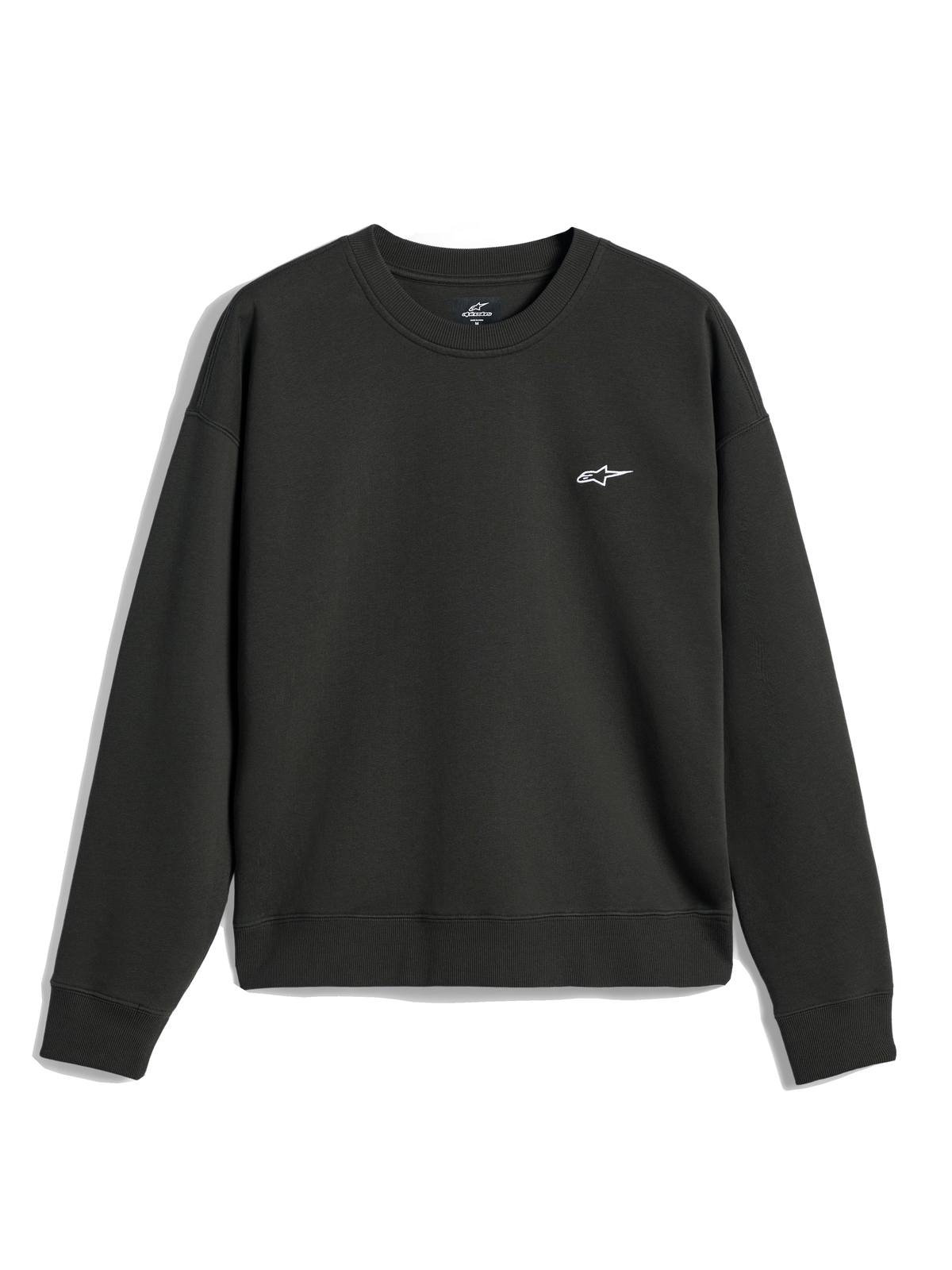 Alpinestars Essentials Ageless Crew, sweatshirt de gola redonda, Off Black, pequeno logótipo A-star branco no peito, gola, punhos e bainha canelados, streetwear casual em fleece premium