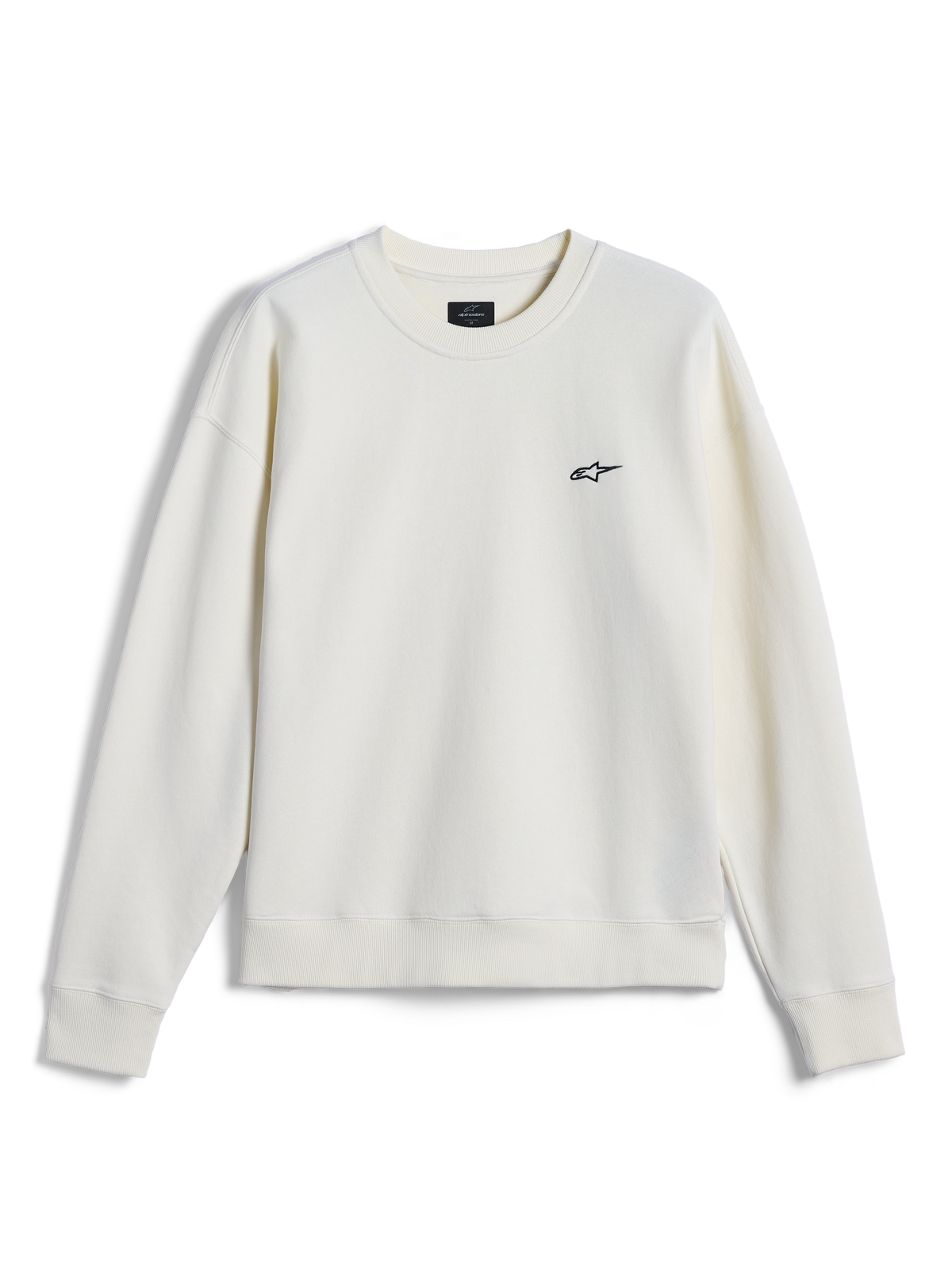 Alpinestars Essentials Ageless Crew, sweatshirt de gola redonda, Off White, pequeno logótipo Alpinestars preto no peito, gola, punhos e bainha canelados, streetwear casual inspirado no desporto motorizado