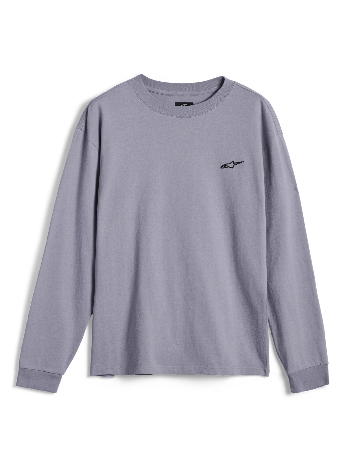 Alpinestars Essentials Ageless LS Tee, t-shirt de manga comprida, cinzenta, com um pequeno logótipo Alpinestars preto no peito, corte relaxado, streetwear casual de desportos motorizados
