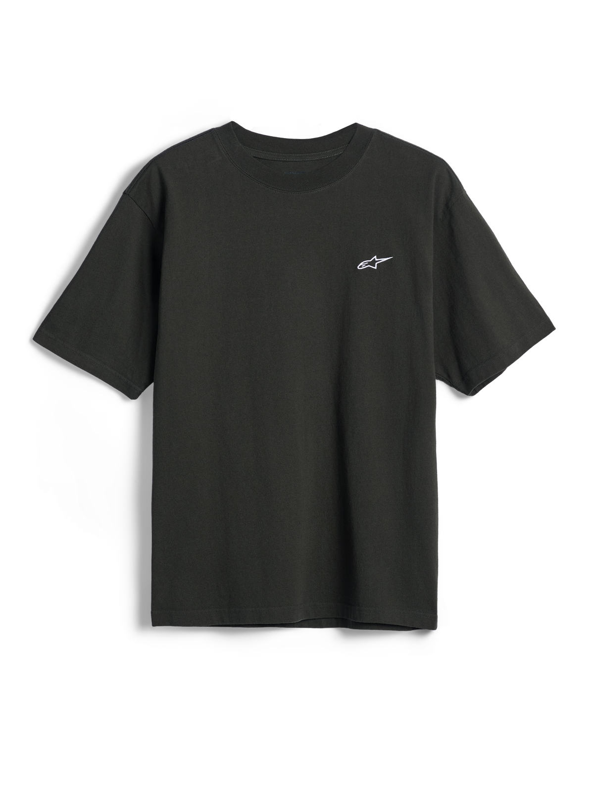 Alpinestars Essentials Ageless SS Tee, t-shirt de manga curta, Off Black, pequeno logótipo branco da estrela Alpinestars no peito, streetwear casual de desporto motorizado