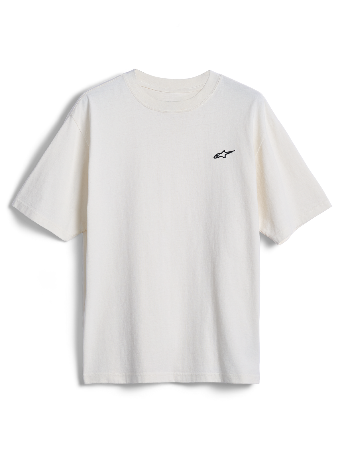 Alpinestars Essentials Ageless SS Tee, t-shirt de manga curta, Off White, pequeno logótipo de estrela da Alpinestars a preto no peito, streetwear casual inspirado no desporto motorizado