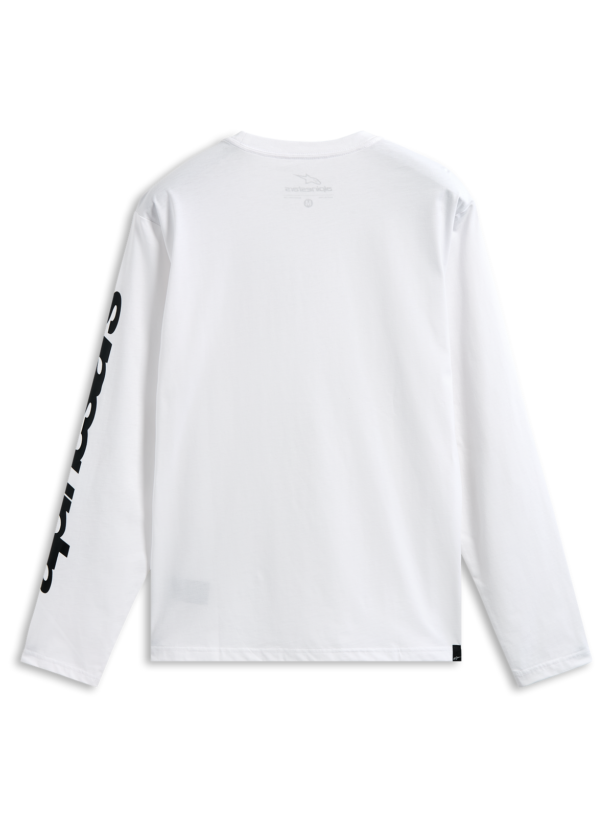 Alpinestars Trackside CSF Tee, T-shirt de manga comprida, branca e preta, vista traseira mostrando grafismo preto arrojado na manga, streetwear casual inspirado no desporto motorizado