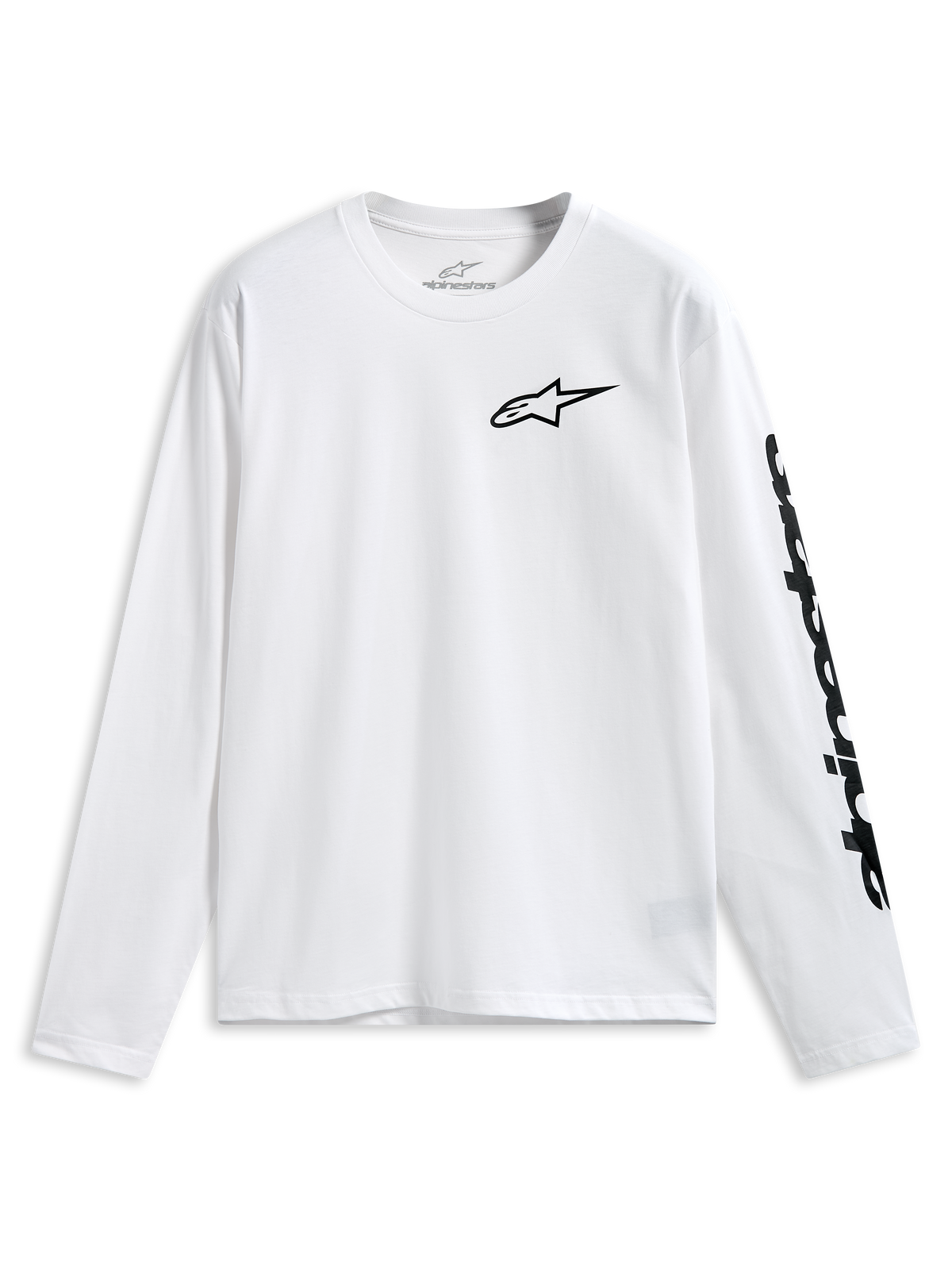 Alpinestars Trackside CSF Tee, t-shirt de manga comprida, branca, logótipo Alpinestars preto no peito e inscrição na manga, roupa desportiva casual de motorsport