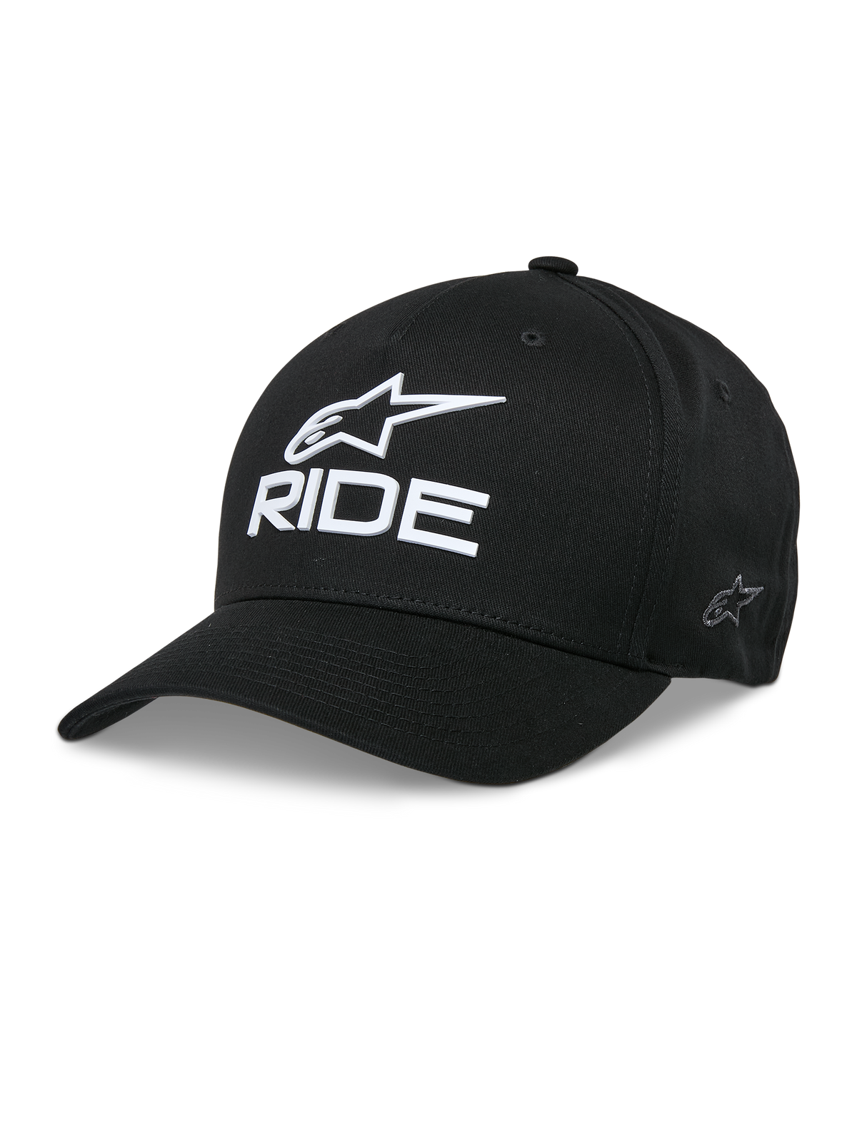 Alpinestars Ride Sonic Hat, boné de basebol preto, logótipo de estrela branca e texto "RIDE" bordados em 3D, pala curva, coroa estruturada, acessório de cabeça casual de desportos motorizados