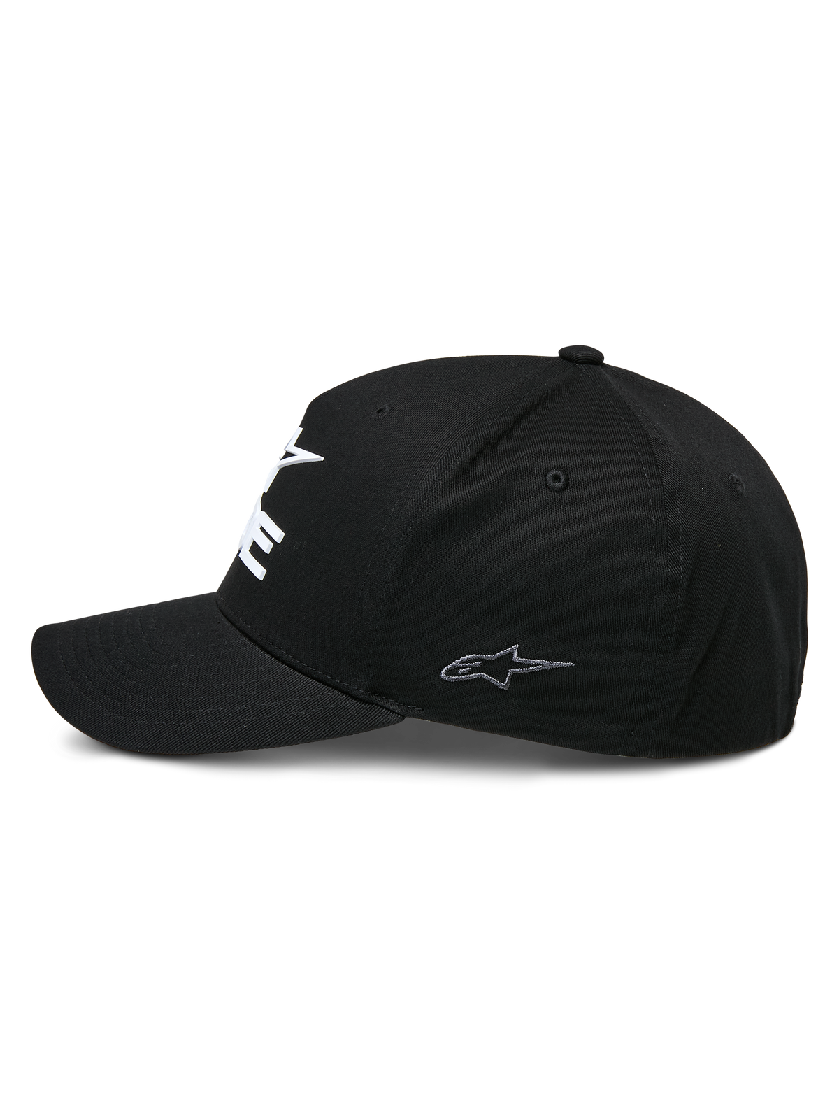 Alpinestars Ride Sonic Hat, boné de basebol estruturado, preto, vista de perfil lateral com pala curva e pequeno logótipo de estrela bordado a cinzento no painel lateral, tecido de sarja elástica, boné casual de motorsport