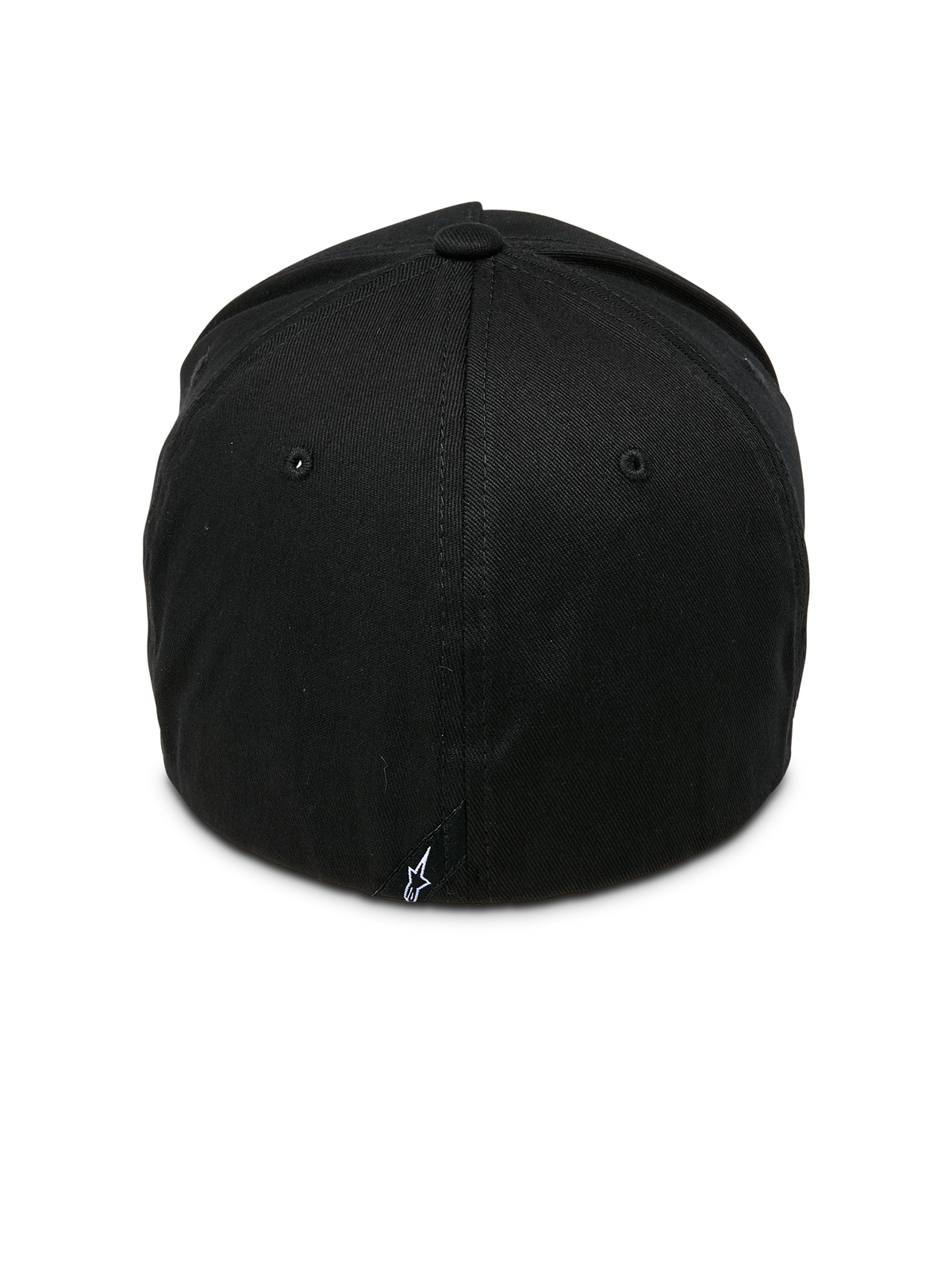 Boné Alpinestars Ride Sonic, preto e branco, vista traseira com coroa estruturada e construção flex-back, pequena etiqueta com logótipo de estrela branco, design casual inspirado no desporto motorizado