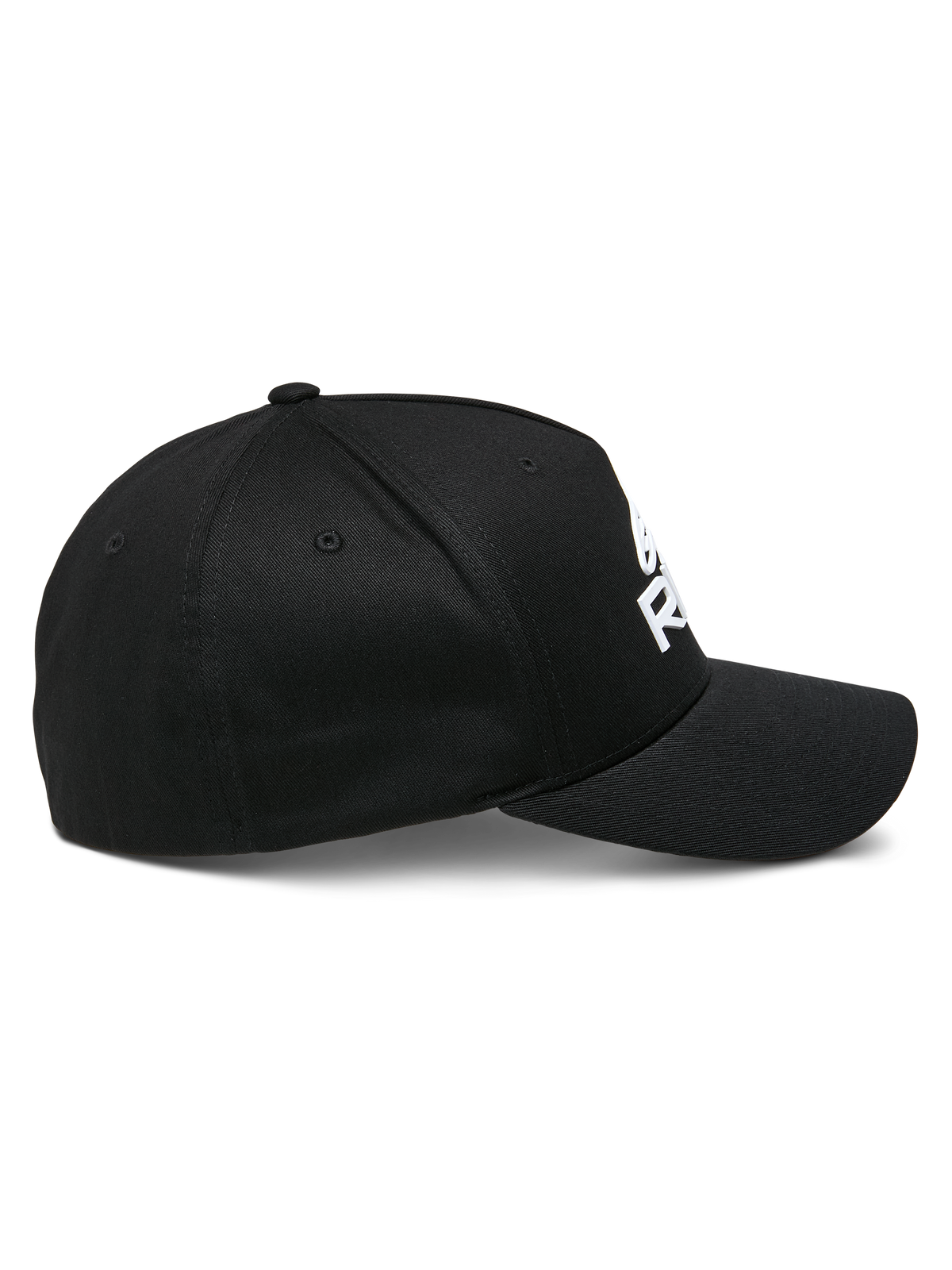 Boné Alpinestars Ride Sonic, vista de perfil, preto com logótipo bordado em 3D branco, aba curva, coroa estruturada, tecido em sarja elástica, acessório motorsport casual