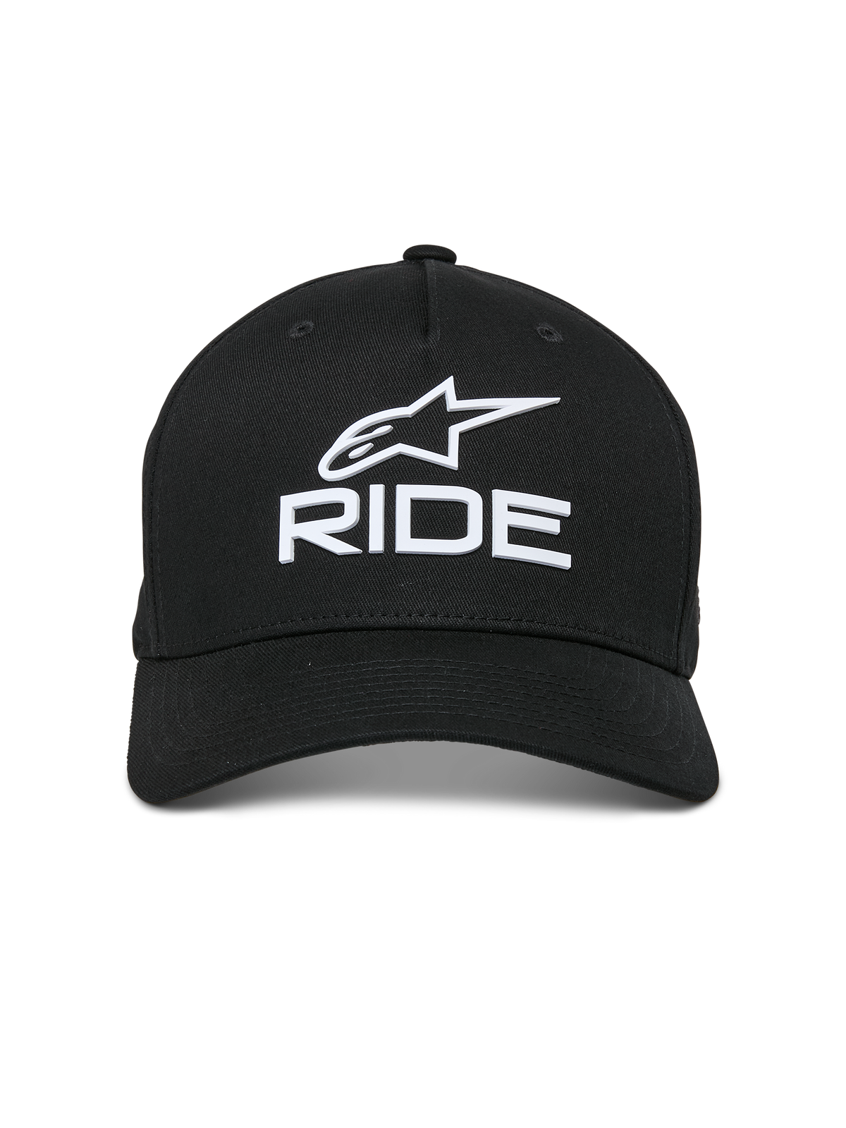 Boné Alpinestars Ride Sonic, preto com logótipo branco bordado em 3D com a estrela Alpinestars e a inscrição 'RIDE', pala curva, coroa estruturada, estilo casual inspirado no desporto motorizado