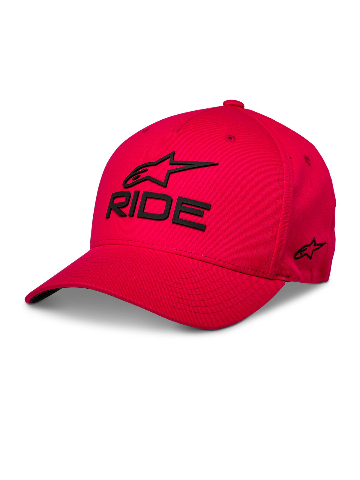 Alpinestars Ride Sonic Hat, boné de basebol vermelho, logótipo Alpinestars e palavra 'RIDE' bordados a preto em 3D, aba curva, coroa estruturada, casual motorsport streetwear