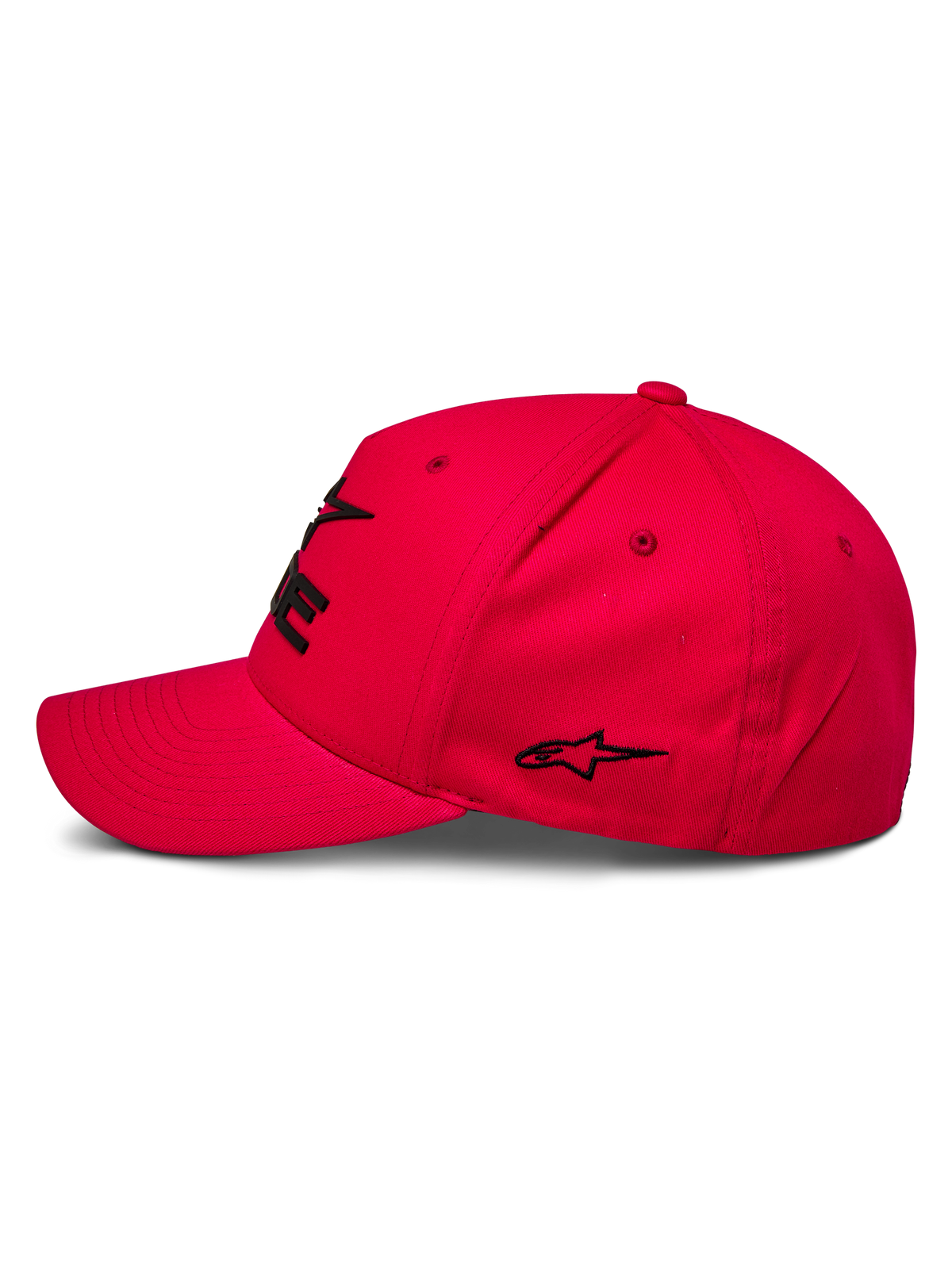 Alpinestars Ride Sonic Hat, boné vermelho, vista de perfil com aba curva e coroa estruturada, logótipo preto bordado em 3D e detalhe de estrela, design casual inspirado no desporto motorizado