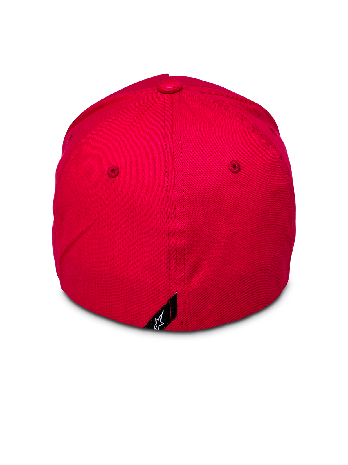 Alpinestars Ride Sonic Hat, vista traseira de boné de basebol vermelho, coroa estruturada com design flex back, pequena etiqueta preta com logótipo da estrela Alpinestars em branco na parte traseira, acessório casual em sarja elástica vermelha