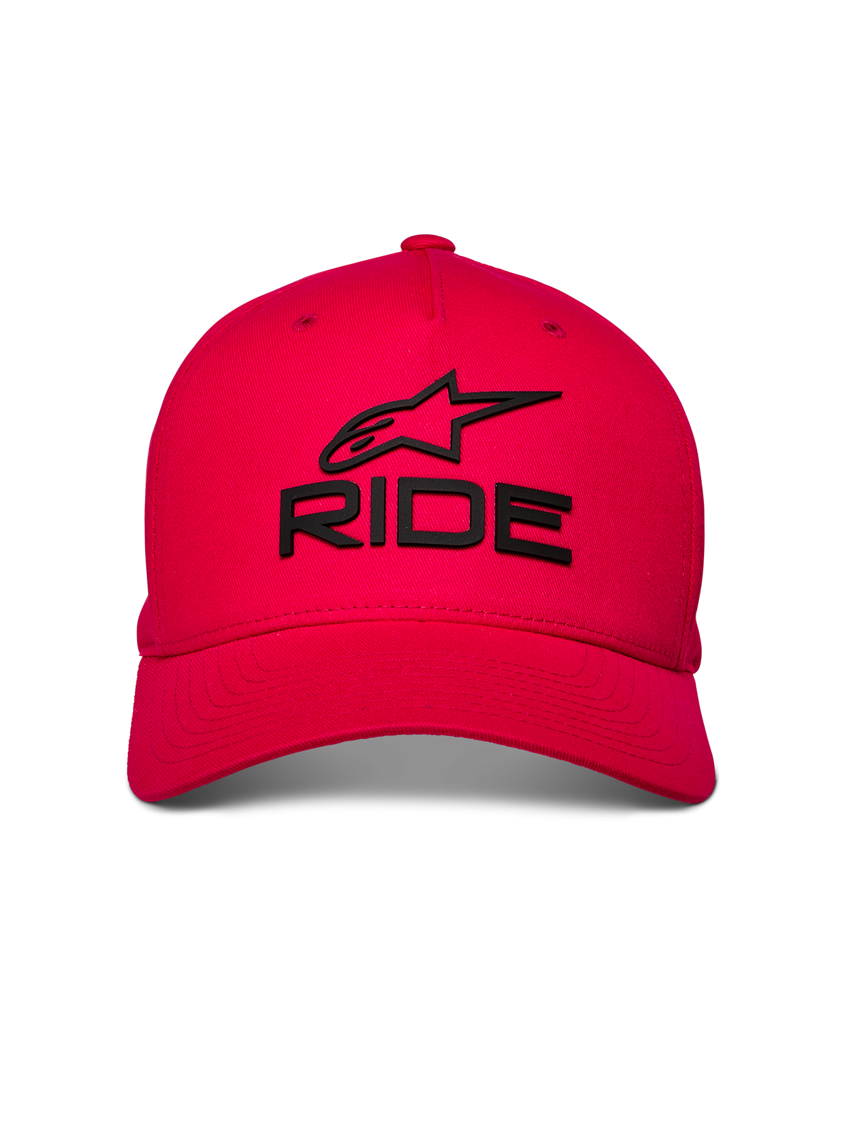 Alpinestars Ride Sonic Hat, boné de basebol vermelho, logótipo RIDE e estrela pretos bordados em 3D, pala curva com coroa estruturada, acessório casual de motorsport
