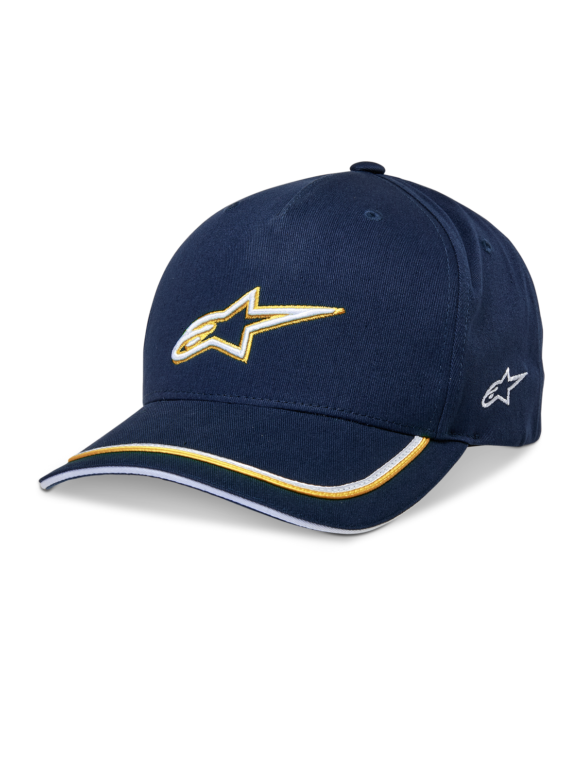 Boné Snapback Alpinestars Ascension, boné de basebol azul-escuro e dourado, logótipo Astars bordado em 3D, aba curva com riscas amarelas e brancas, acessório casual de motorsport
