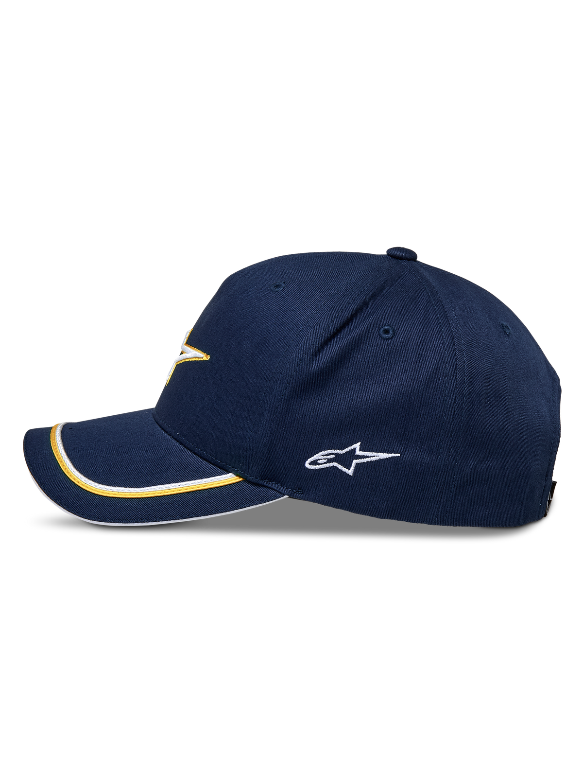 Alpinestars Ascension Snapback Hat, boné azul-marinho e dourado, perfil lateral com aba curva e acabamento de sutache duplo em dourado e branco, logótipo lateral bordado, streetwear casual de motorsport