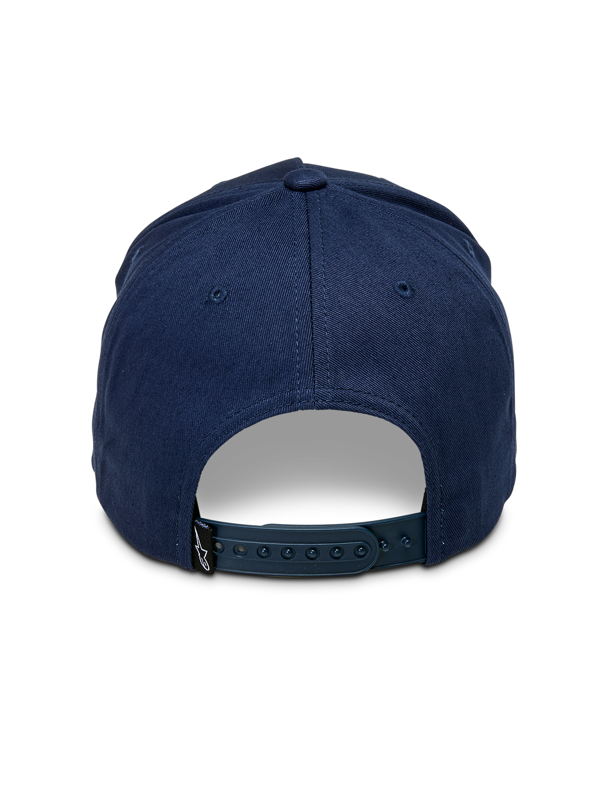 Boné Snapback Alpinestars Ascension, azul-marinho, vista traseira com fecho snapback ajustável e coroa estruturada, pequena etiqueta preta com o logótipo Astars, streetwear casual de motorsport