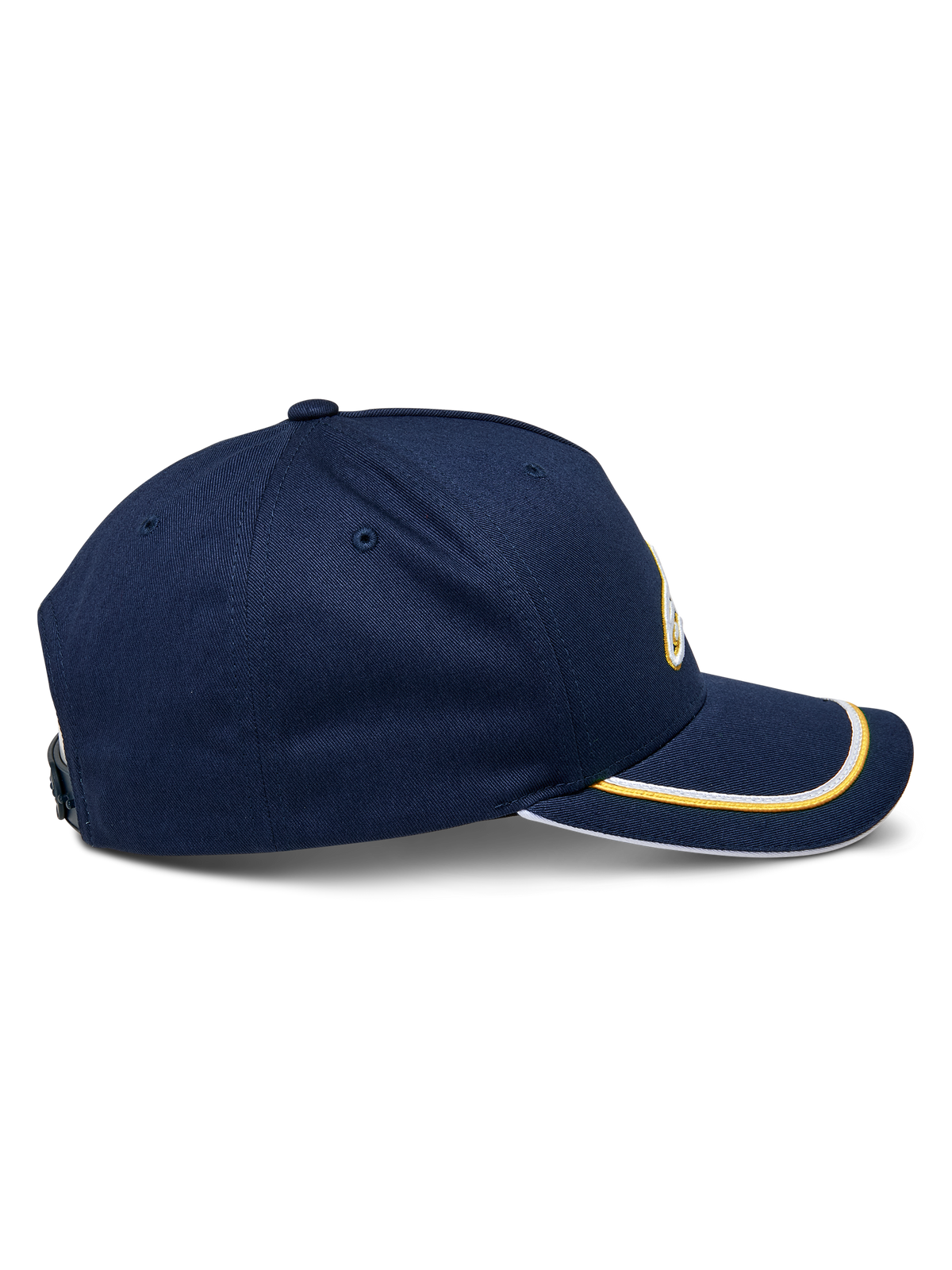 Boné Snapback Alpinestars Ascension, vista lateral, azul-marinho com acabamento de sutache dourado e branco na aba curva, coroa estruturada, vestuário casual de desporto motorizado