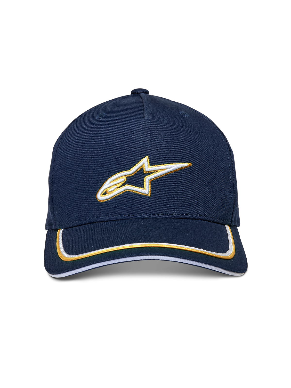 Alpinestars Boné Snapback Ascension, azul-marinho e dourado, logótipo Astars bordado em 3D em branco e dourado, aba curva com acabamento de sutache duplo, acessório de cabeça casual inspirado no desporto motorizado