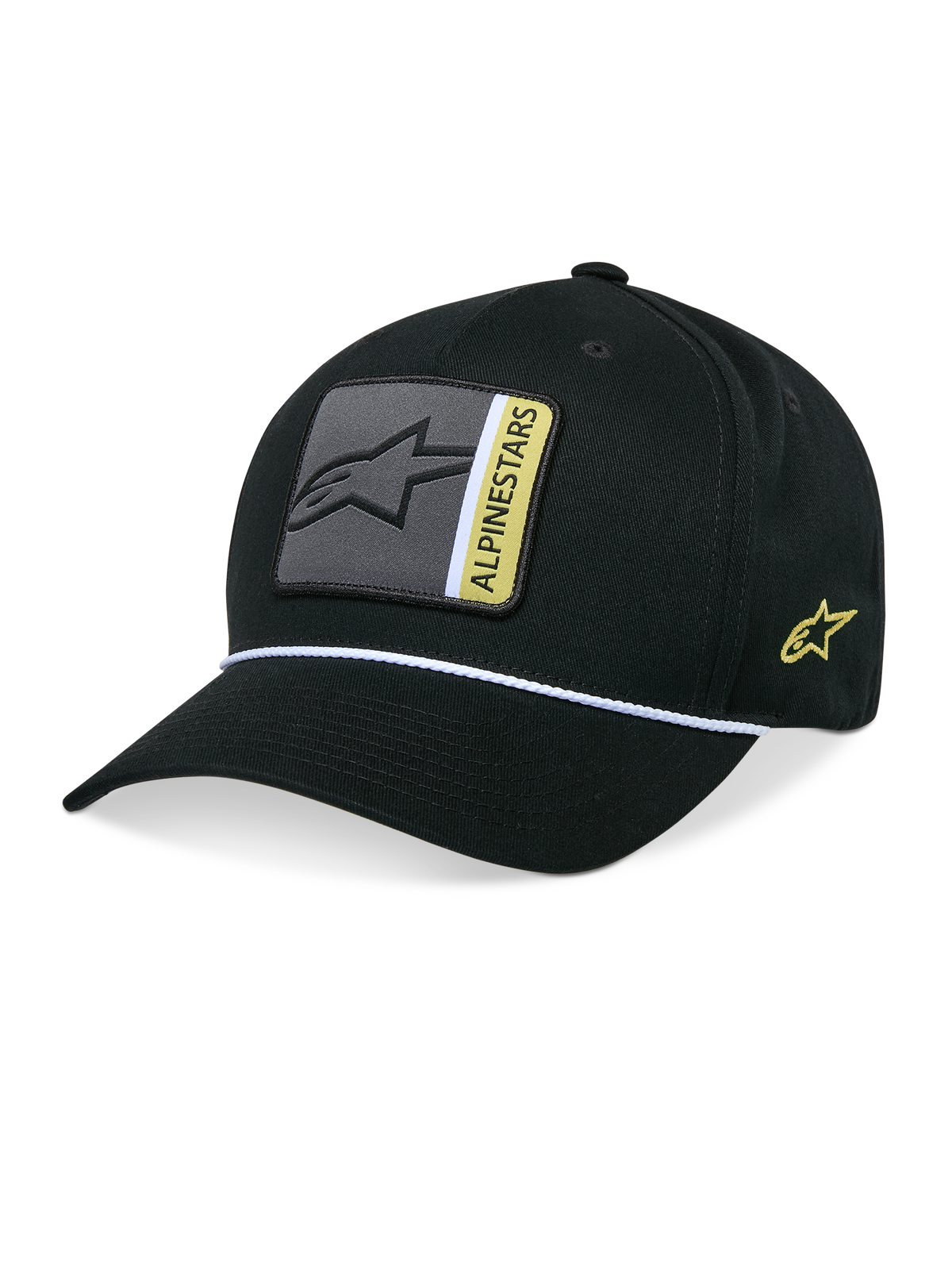Alpinestars Specific Snapback Hat, boné preto, pala curva com acabamento em corda entrançada branca, patch frontal com logótipo cinzento e amarelo, bordado lateral do logótipo em amarelo, coroa estruturada, acessório casual inspirado no desporto motorizado