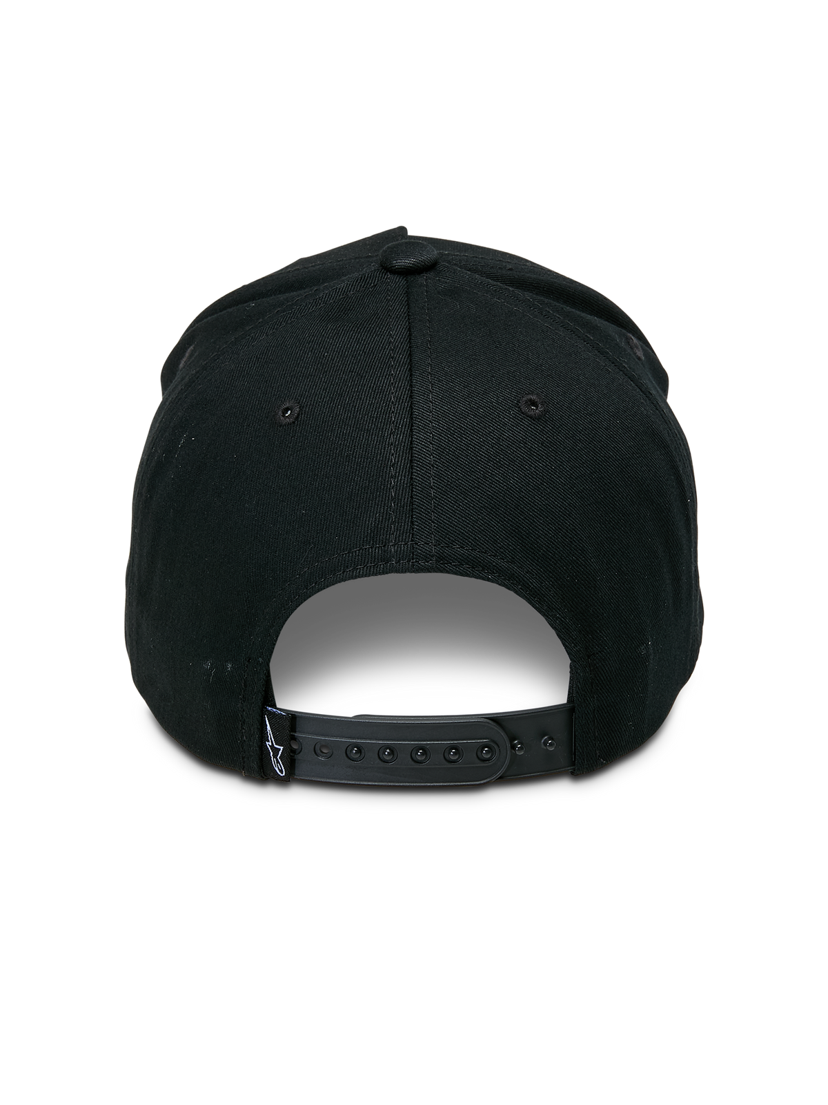 Alpinestars Specific Snapback Hat, boné preto, vista traseira com fecho snapback ajustável em plástico e um pequeno logótipo Astars branco na etiqueta traseira, coroa estruturada, acessório casual de desportos motorizados