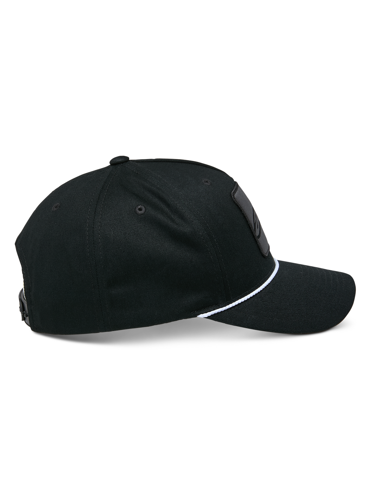 Alpinestars Specific Snapback Hat, boné preto, vista lateral de perfil com pala curva e acabamento em corda trançada branca, coroa estruturada, acessório casual de motorsport