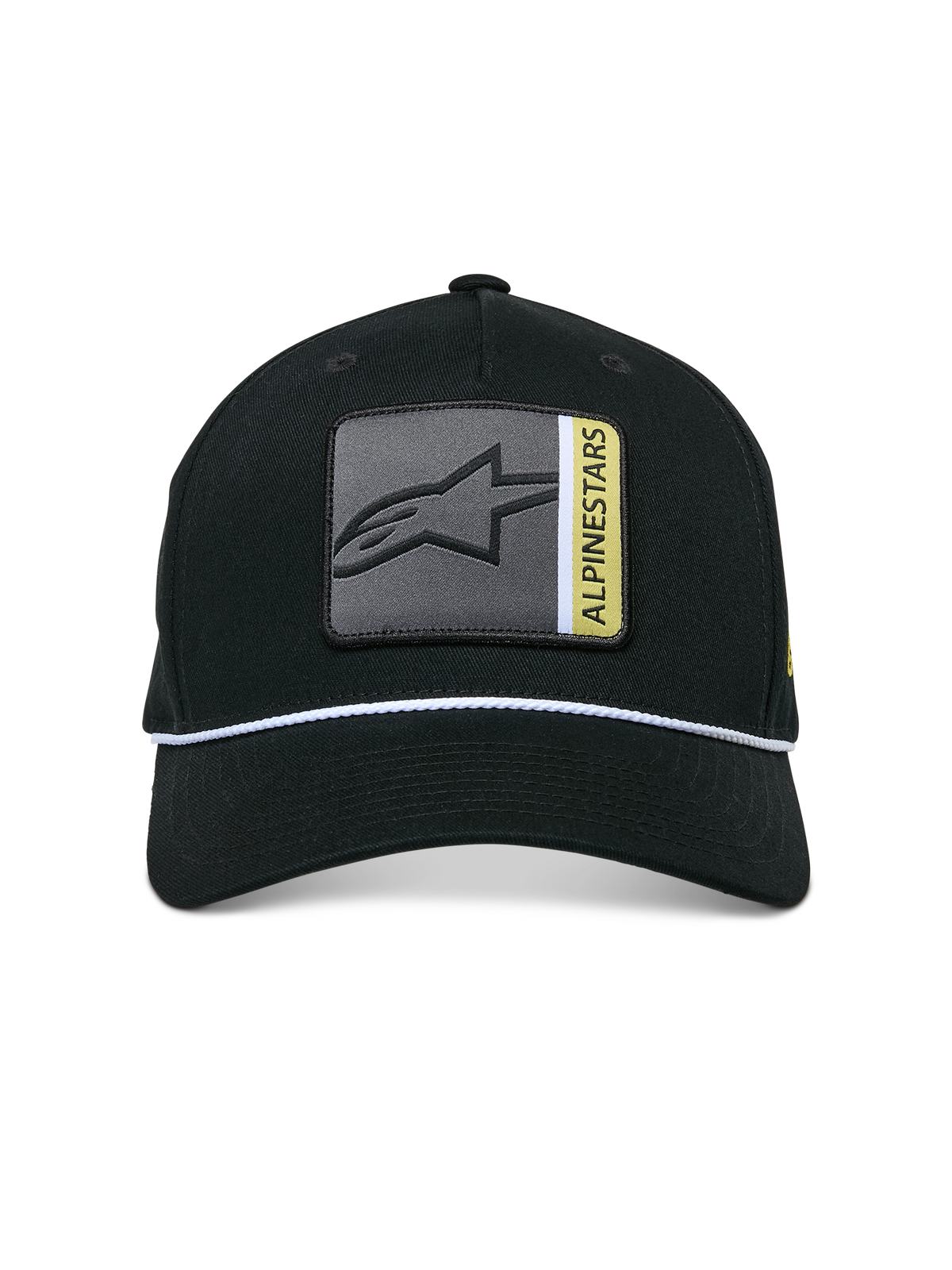 Boné Snapback Alpinestars Specific, preto, patch frontal multicolorido do logótipo Astars com detalhes cinzentos e amarelos, detalhe de corda trançada branca, pala curva, coroa estruturada, streetwear casual