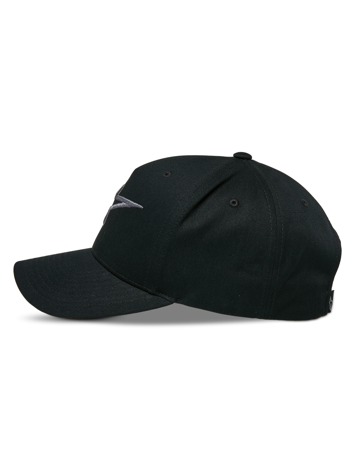 Alpinestars Ageless Snapback Hat, side profile, Black Charcoal, curved bill with structured crown, 3D embroidered logo on front, cotton twill main fabric, casual motorsport headwear