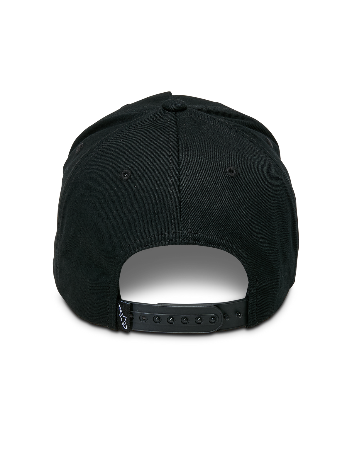Alpinestars Ageless Snapback Hat, Black, rear view featuring adjustable snapback closure, small woven label with star logo, structured crown in cotton twill, casual motorsport-inspired headwear