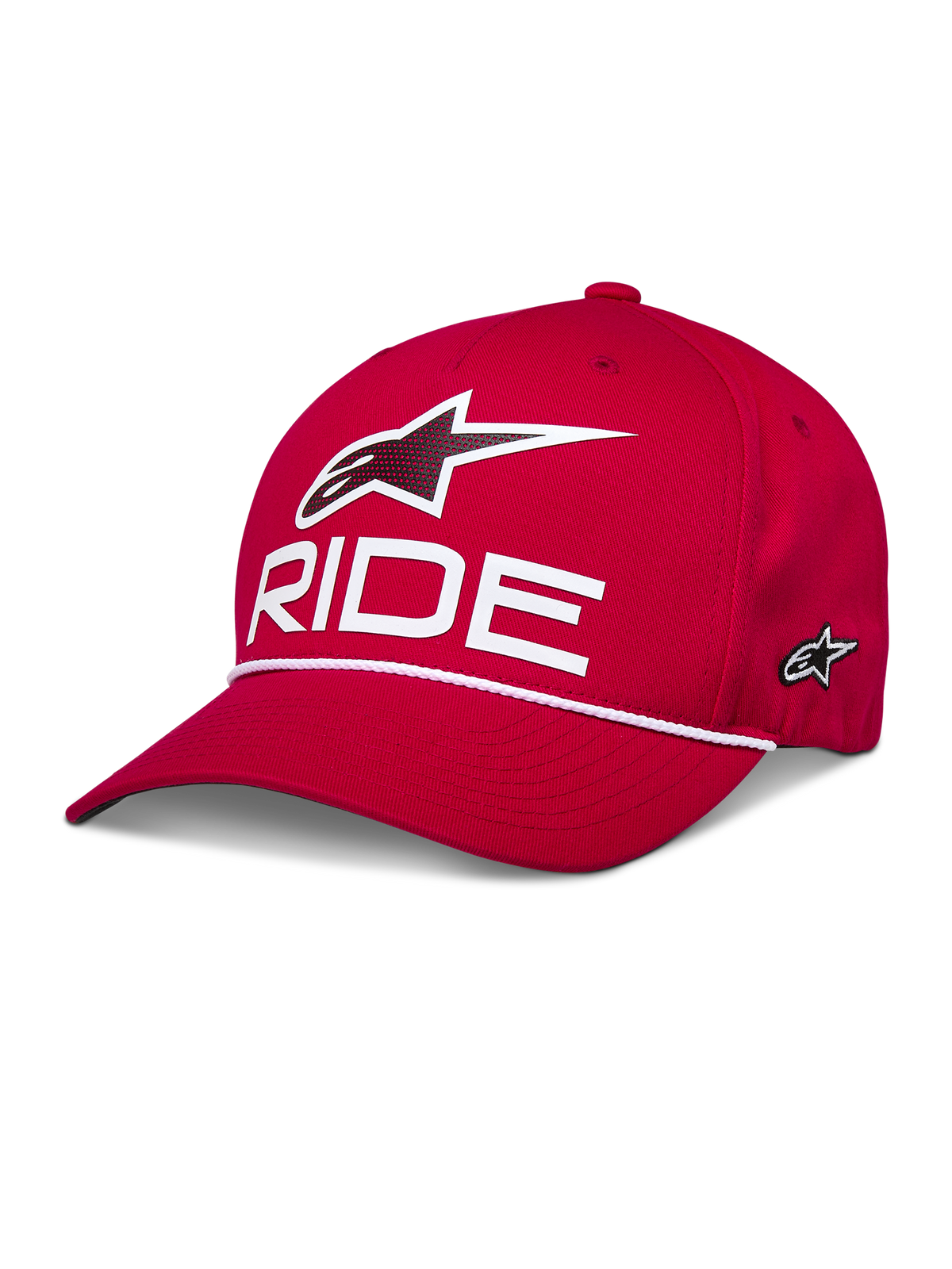 Alpinestars Ride Comp Snapback Hat, boné vermelho com logótipo Astars em 3D e texto RIDE em branco, aba curva com detalhe de corda entrançada branca, coroa estruturada, vestuário desportivo casual