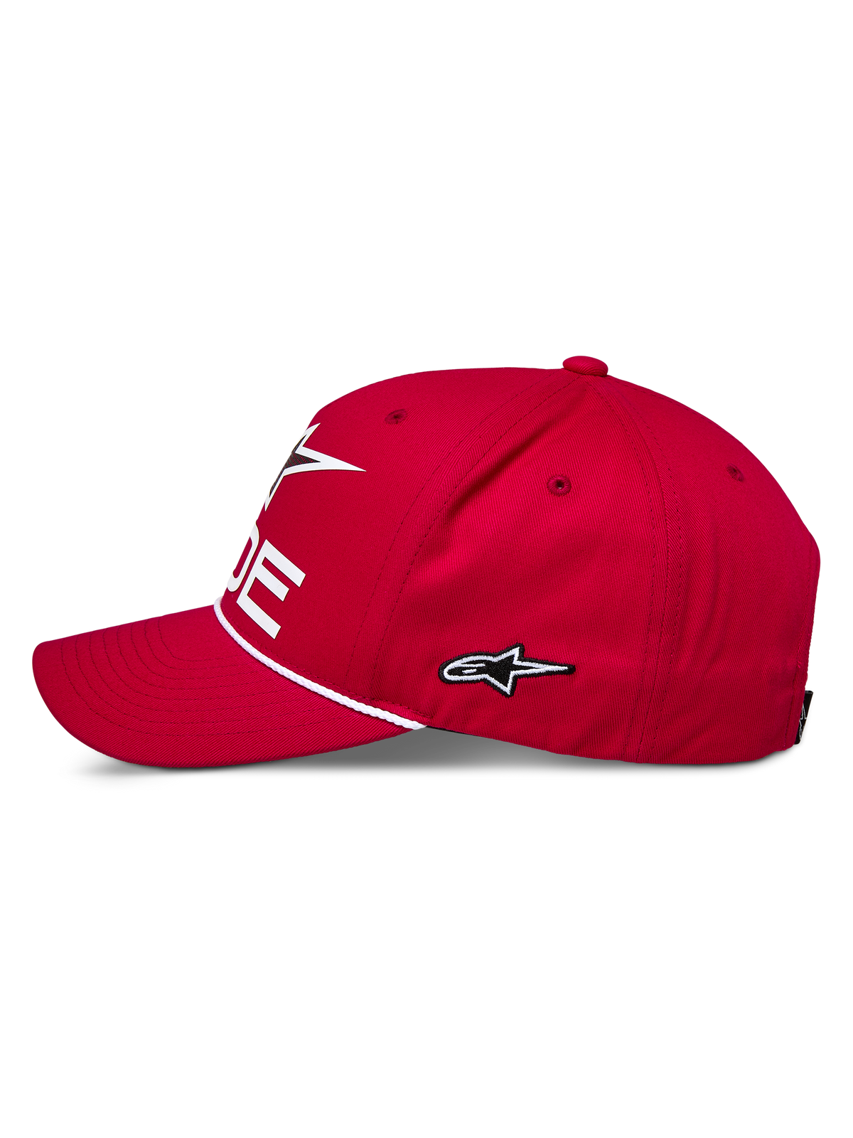 Boné Snapback Alpinestars Ride Comp, vermelho, perfil lateral, logótipo de estrela bordado em branco, acabamento com corda entrançada, pala curva, vestuário casual de desportos motorizados