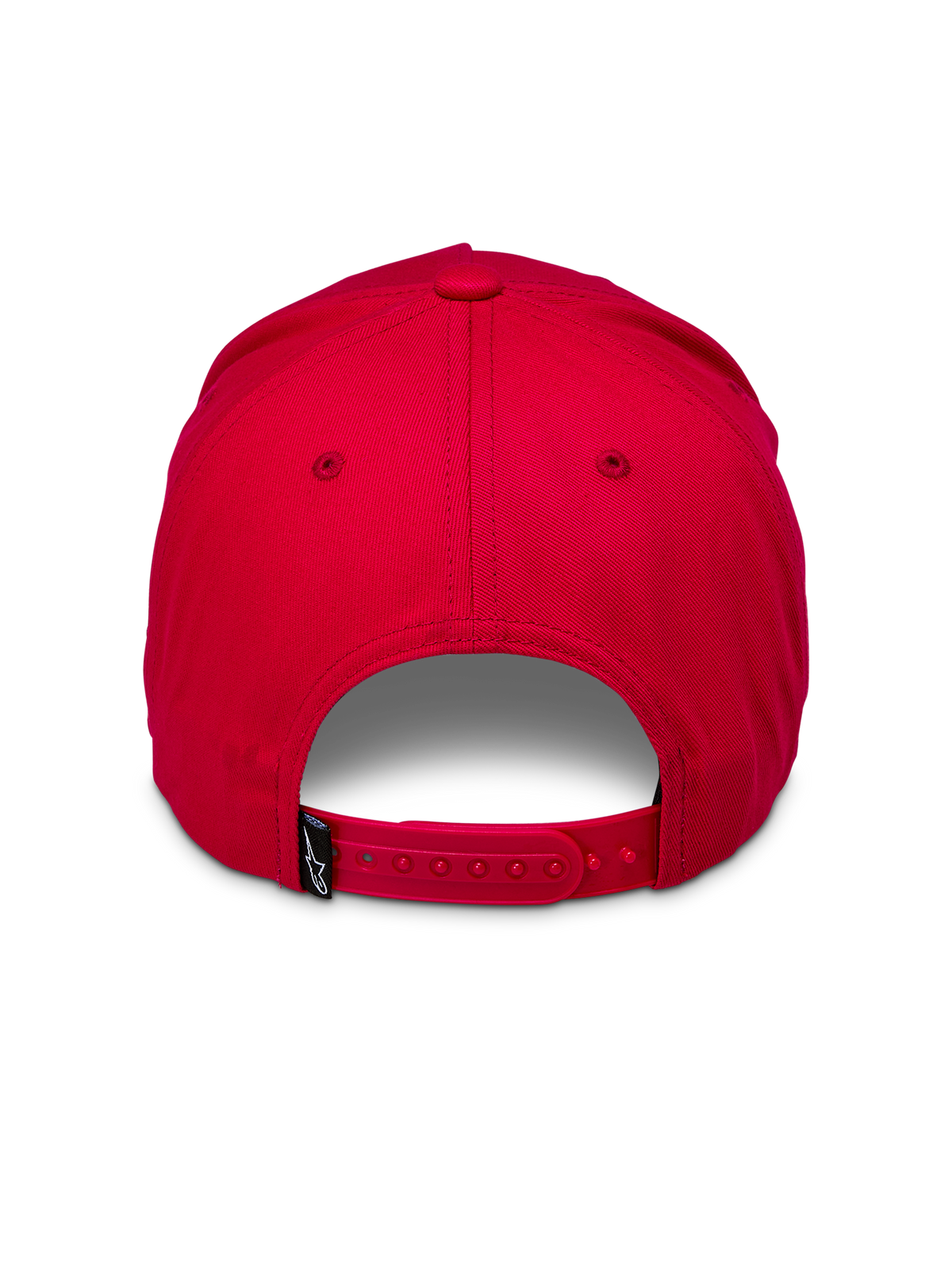 Chapéu Snapback Ride Comp da Alpinestars, vermelho, vista traseira com fecho snapback vermelho ajustável e pequena etiqueta tecida preta com logótipo branco, coroa estruturada, acessório de cabeça casual