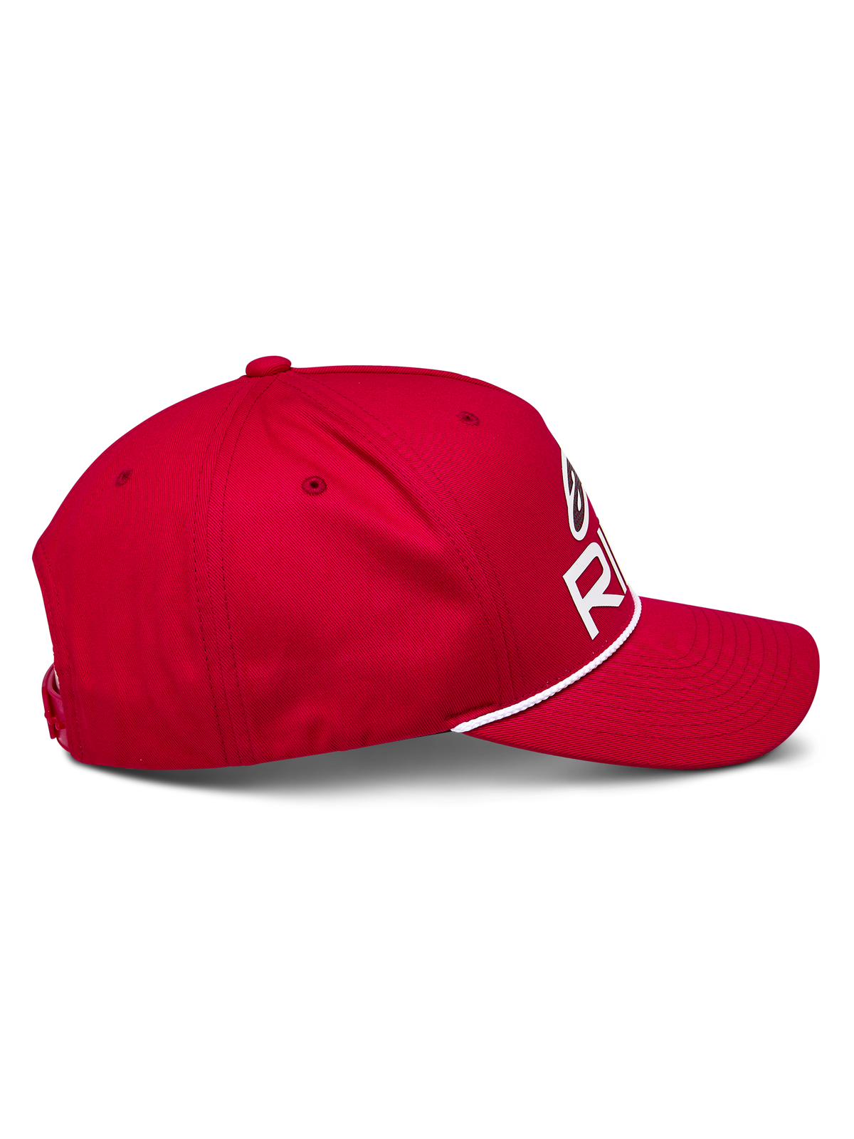 Chapéu Snapback Alpinestars Ride Comp, vermelho, vista lateral de perfil, aba curva com acabamento em corda entrançada branca, coroa estruturada com logótipo Astars Ride branco, acessório casual de desportos motorizados