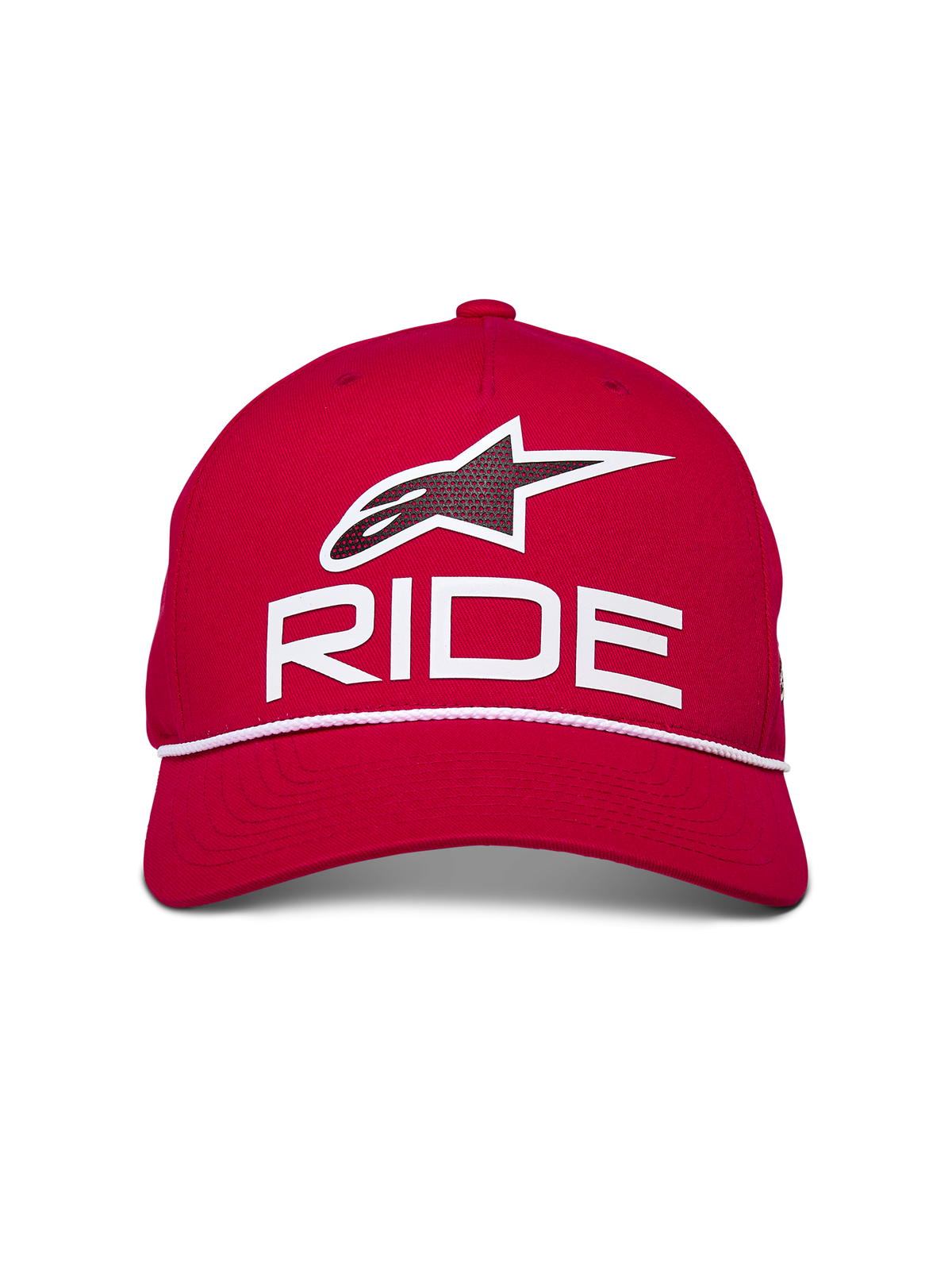 Alpinestars Ride Comp Snapback Hat, boné snapback vermelho com branco e preto, com logótipo Astars Ride em 3D e acabamento em corda entrançada branca, coroa estruturada com pala curva, acessório casual inspirado no desporto motorizado