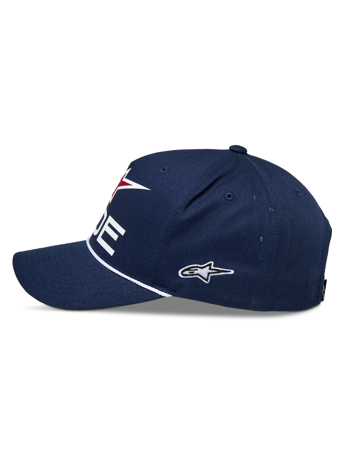 Boné Alpinestars Ride Comp Snapback, azul-marinho, branco e vermelho, vista lateral, coroa estruturada com aba curva, acabamento com corda entrançada branca, logótipo lateral bordado, acessório casual de desportos motorizados
