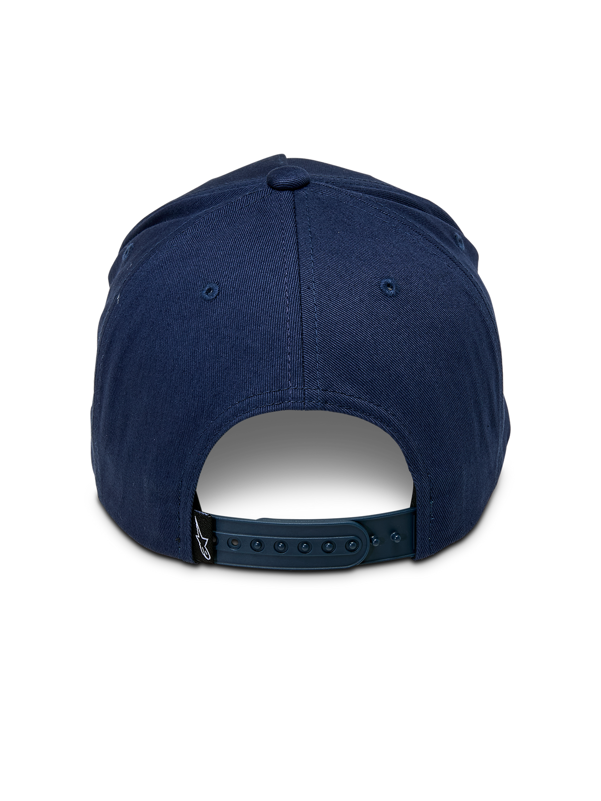 Boné Snapback Alpinestars Ride Comp, azul-marinho, vista traseira com fecho snapback ajustável em plástico, pequena etiqueta preta com logótipo, coroa estruturada em sarja de algodão, acessório casual inspirado no desporto motorizado