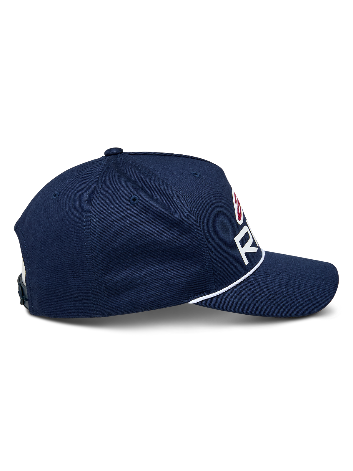 Alpinestars Ride Comp Snapback Hat, boné azul-escuro com detalhes em branco e vermelho, vista lateral de perfil mostrando a aba curva e o acabamento com corda entrançada branca, coroa estruturada, acessório casual de desportos motorizados