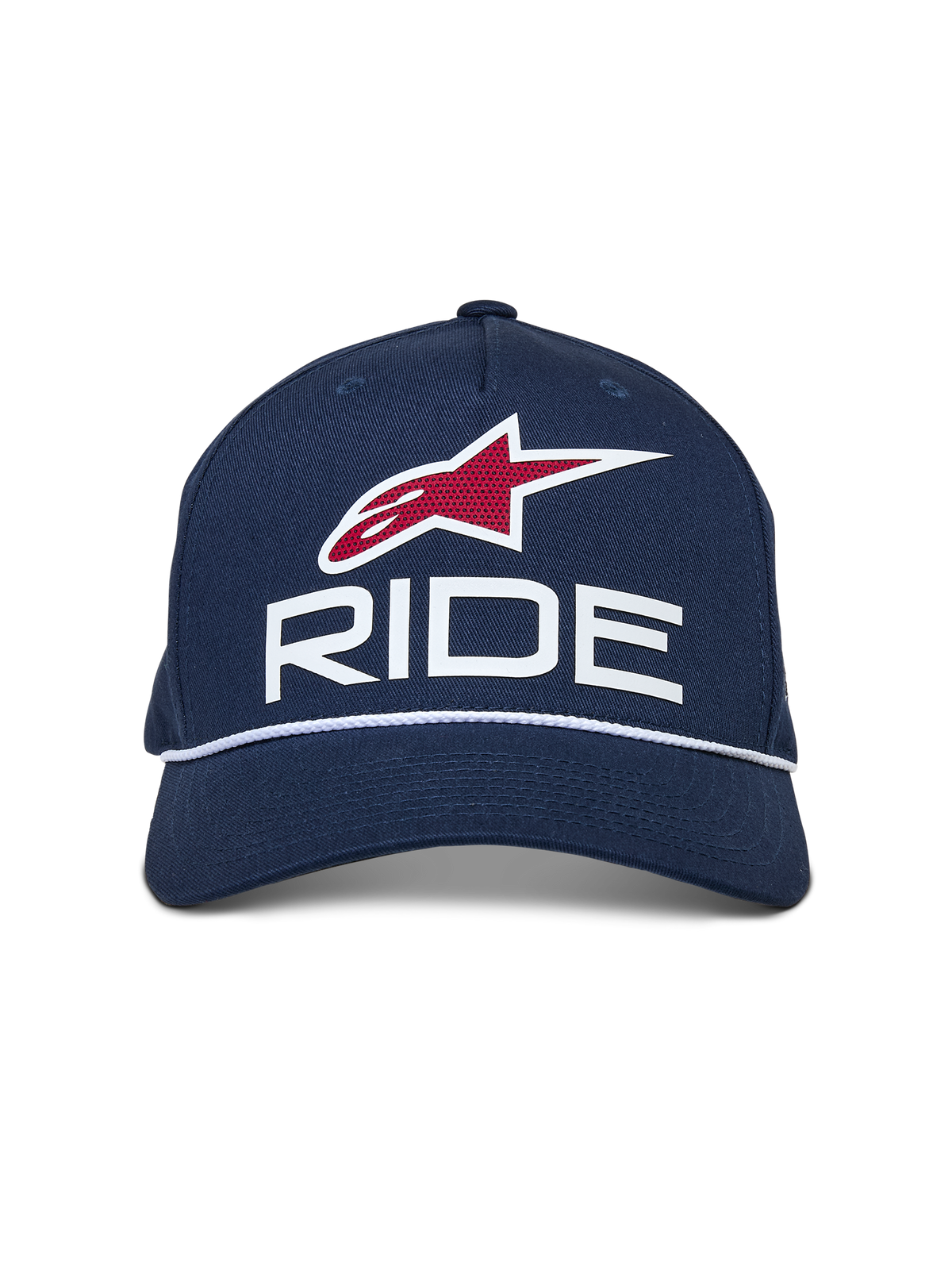 Boné Snapback Alpinestars Ride Comp, azul-marinho com detalhes em branco e vermelho, com logótipo RIDE em 3D, emblema de estrela vermelha e acabamento com corda entrançada branca, pala curva, boné casual de motorsport