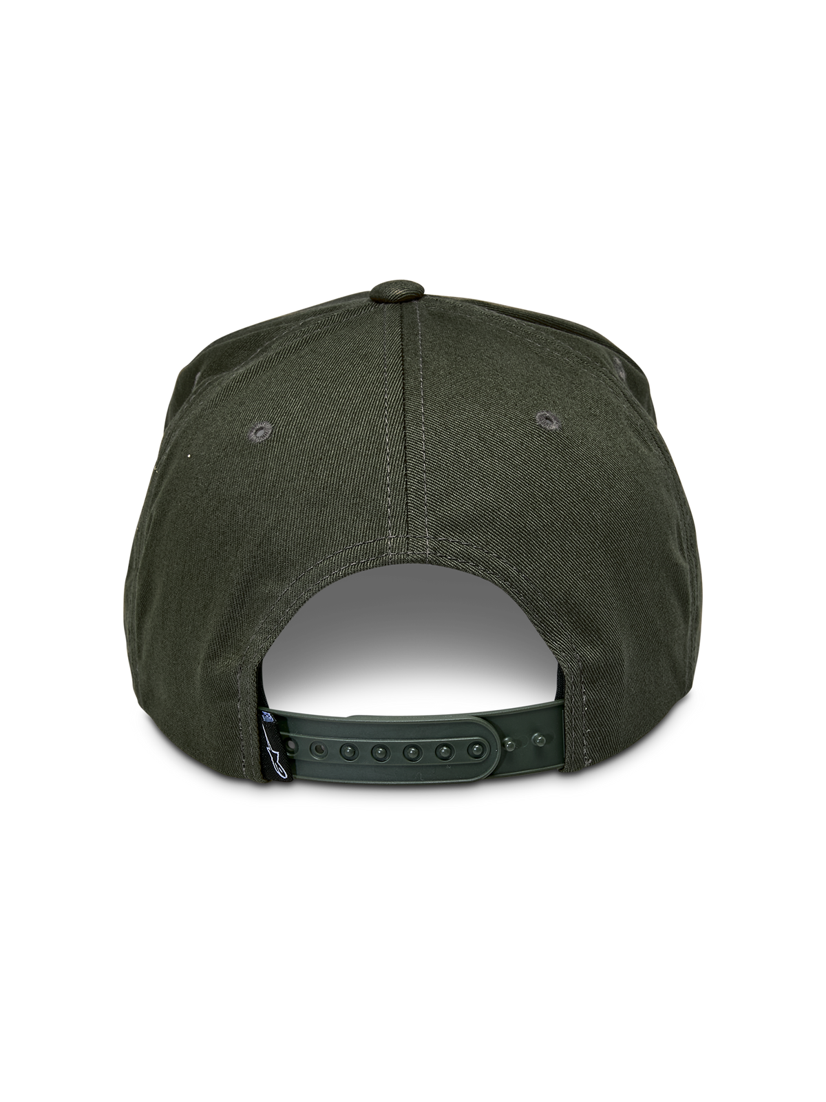 Boné Snapback Alpinestars Promptus, Verde Militar, vista traseira com fecho snapback ajustável e tecido de sarja de algodão, pequena etiqueta preta da marca, acessório casual inspirado no desporto motorizado