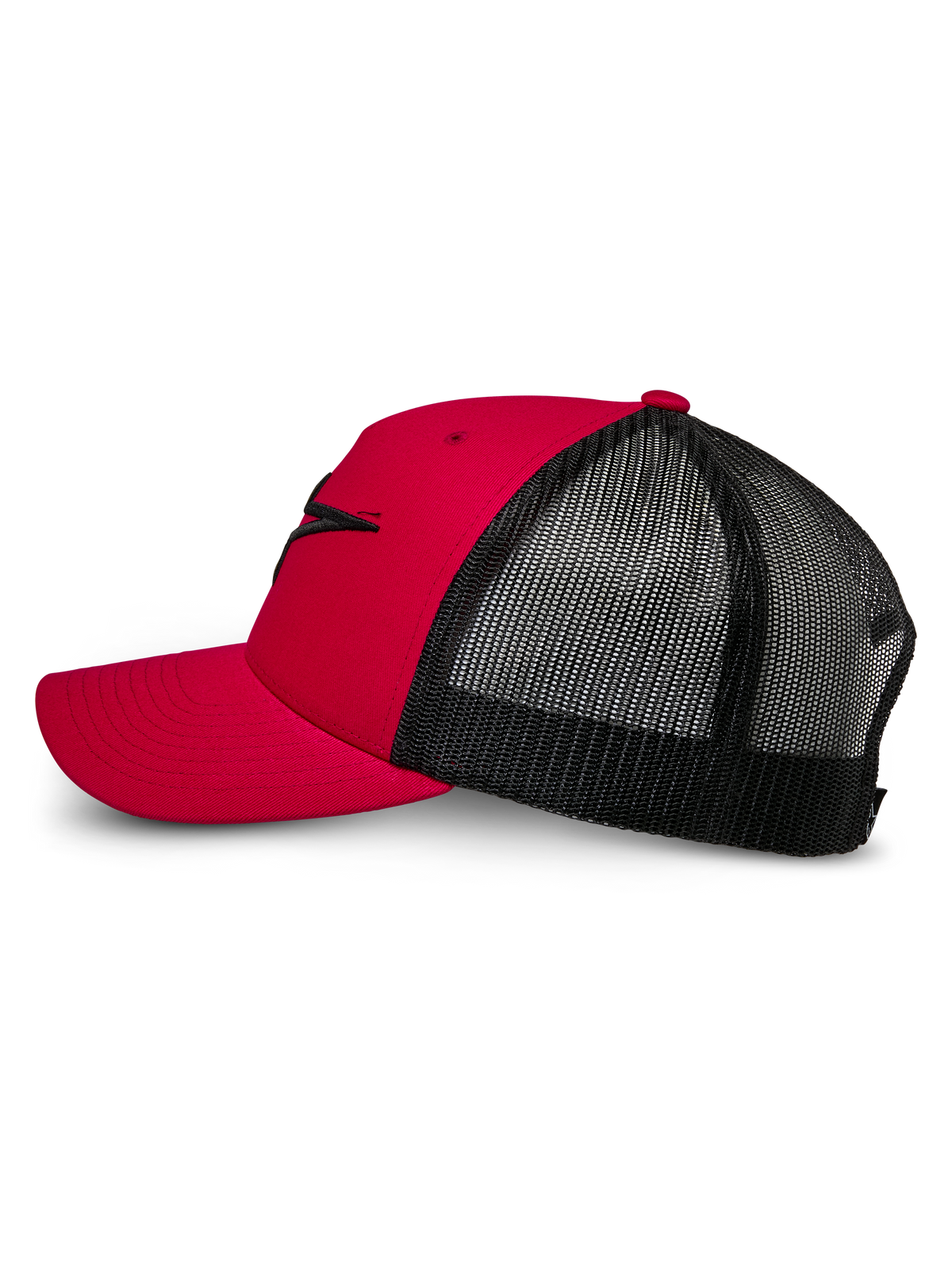 Alpinestars Ageless Trucker Hat, Red and Black, side view featuring curved bill and structured front with black 3D embroidered Astars logo, black mesh back for breathability, classic motorsport-inspired design