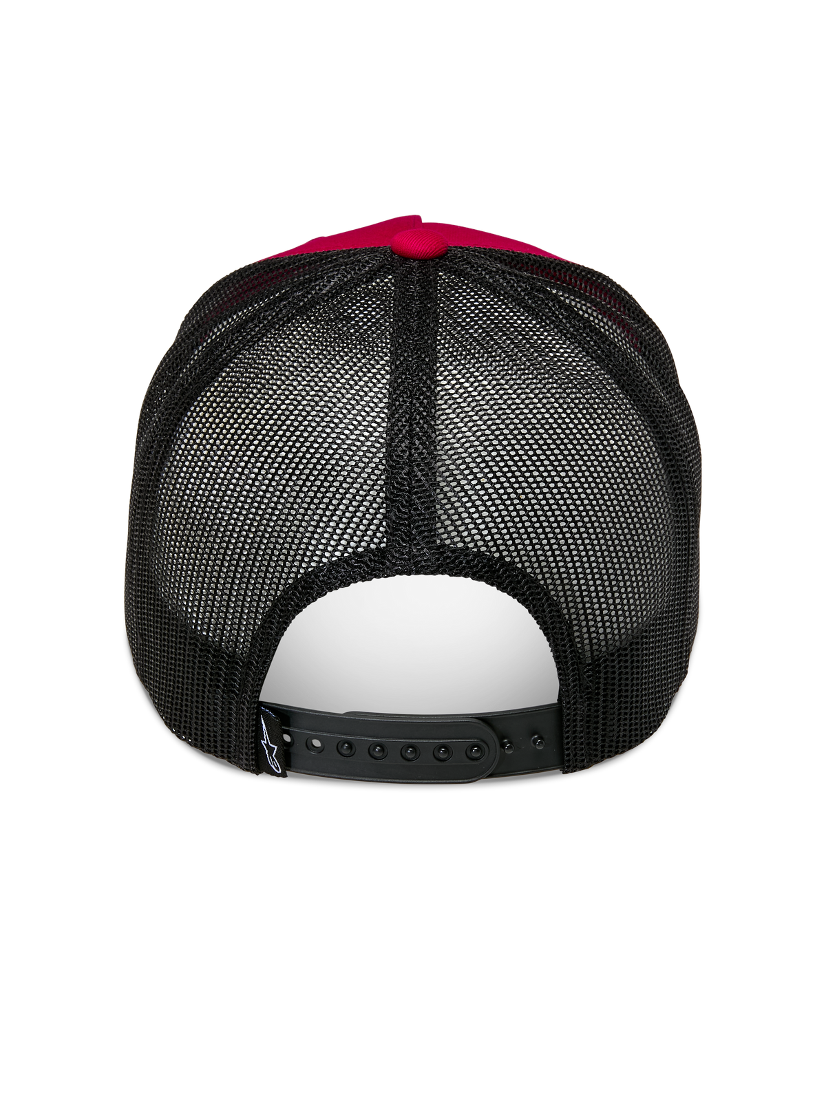Alpinestars Ageless Trucker Hat, Red and Black, Rear view featuring black poly mesh back and adjustable snapback closure, Red top button and crown detail, Casual Motorsport Headwear